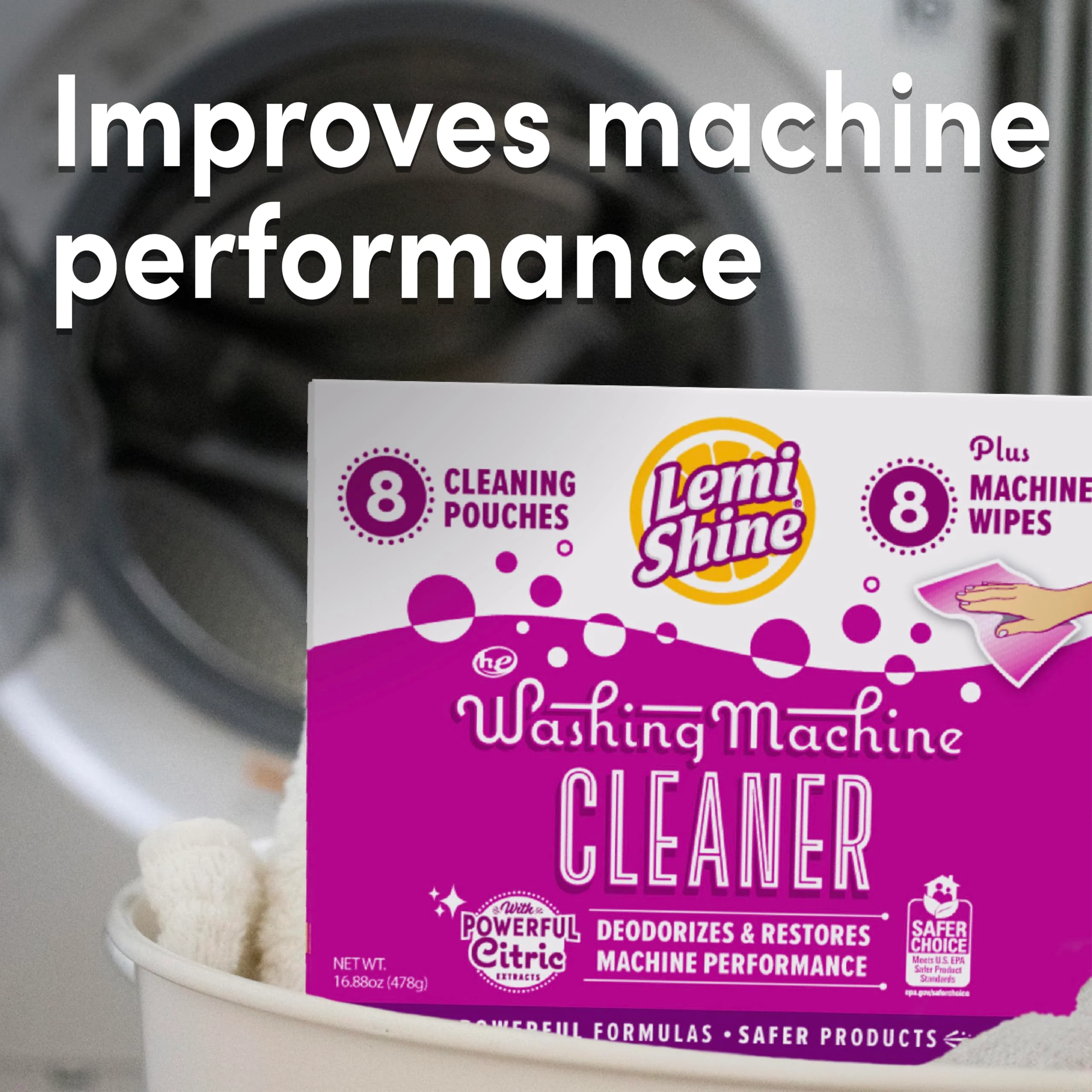 Lemi Shine Washing Machine Cleaner - Hard Water Citric Acid Cleaning Powder - Includes Machine Cleaning Wipes - 16.88 oz (8 Pack) - Image 5