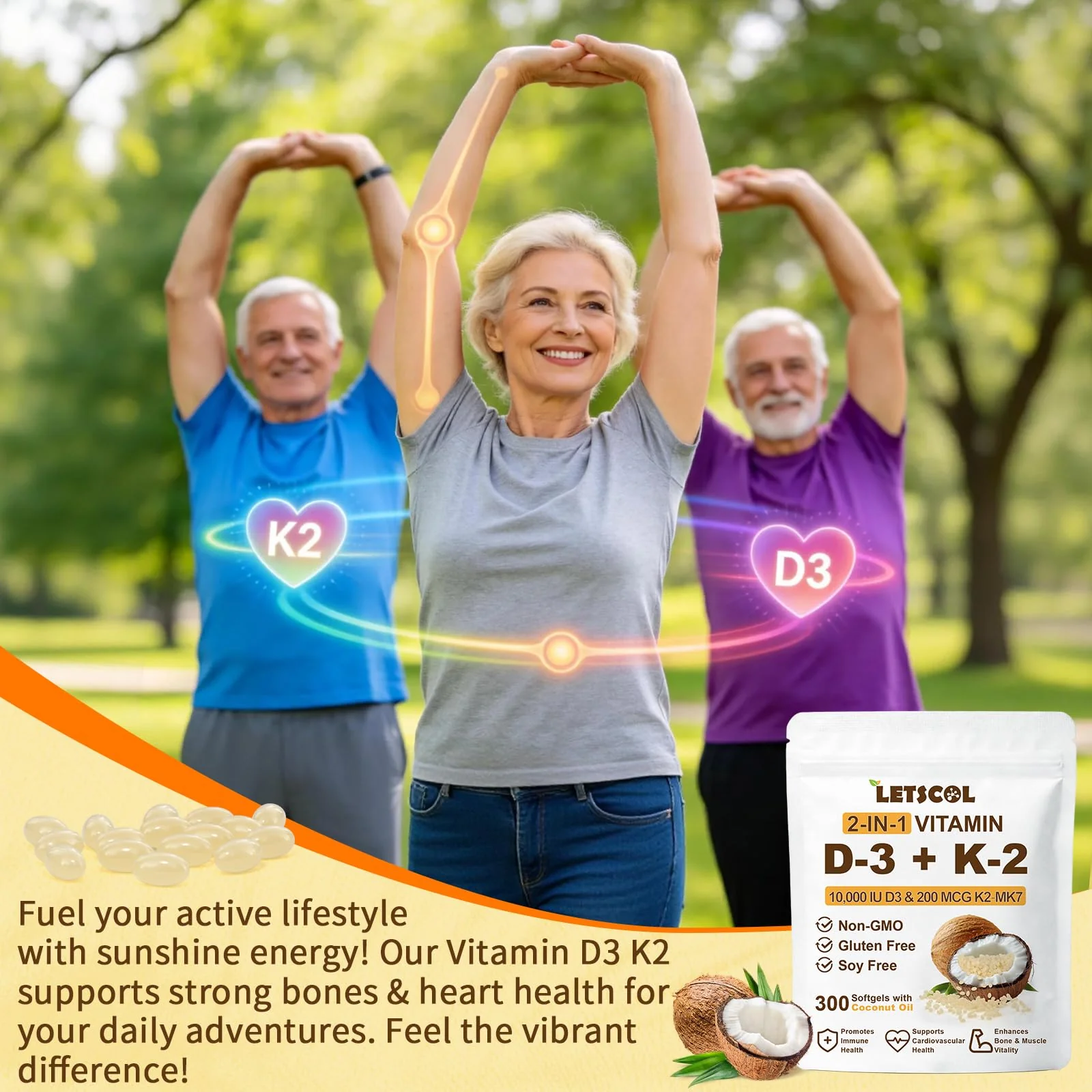 LETSCOL 2-in-1 Vitamin D3 K2 Supplement Softgel, Vitamin D3 10000 IU and Vitamin K2 200 mcg, K2 MK7 with D3 Vitamin Supplement Support Immune, Heart, Joint, Teeth & Bone Health - Image 2