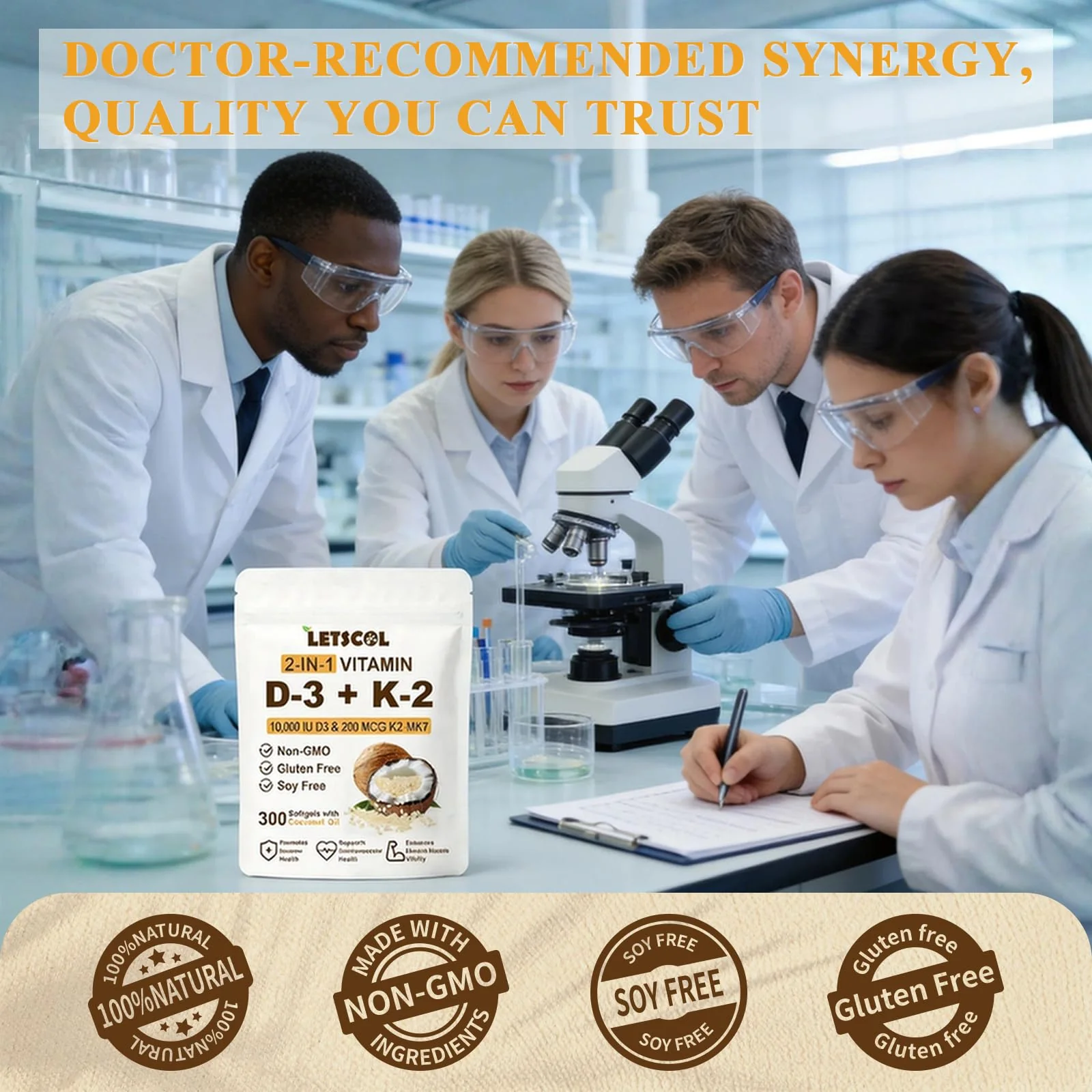 LETSCOL 2-in-1 Vitamin D3 K2 Supplement Softgel, Vitamin D3 10000 IU and Vitamin K2 200 mcg, K2 MK7 with D3 Vitamin Supplement Support Immune, Heart, Joint, Teeth & Bone Health - Image 3