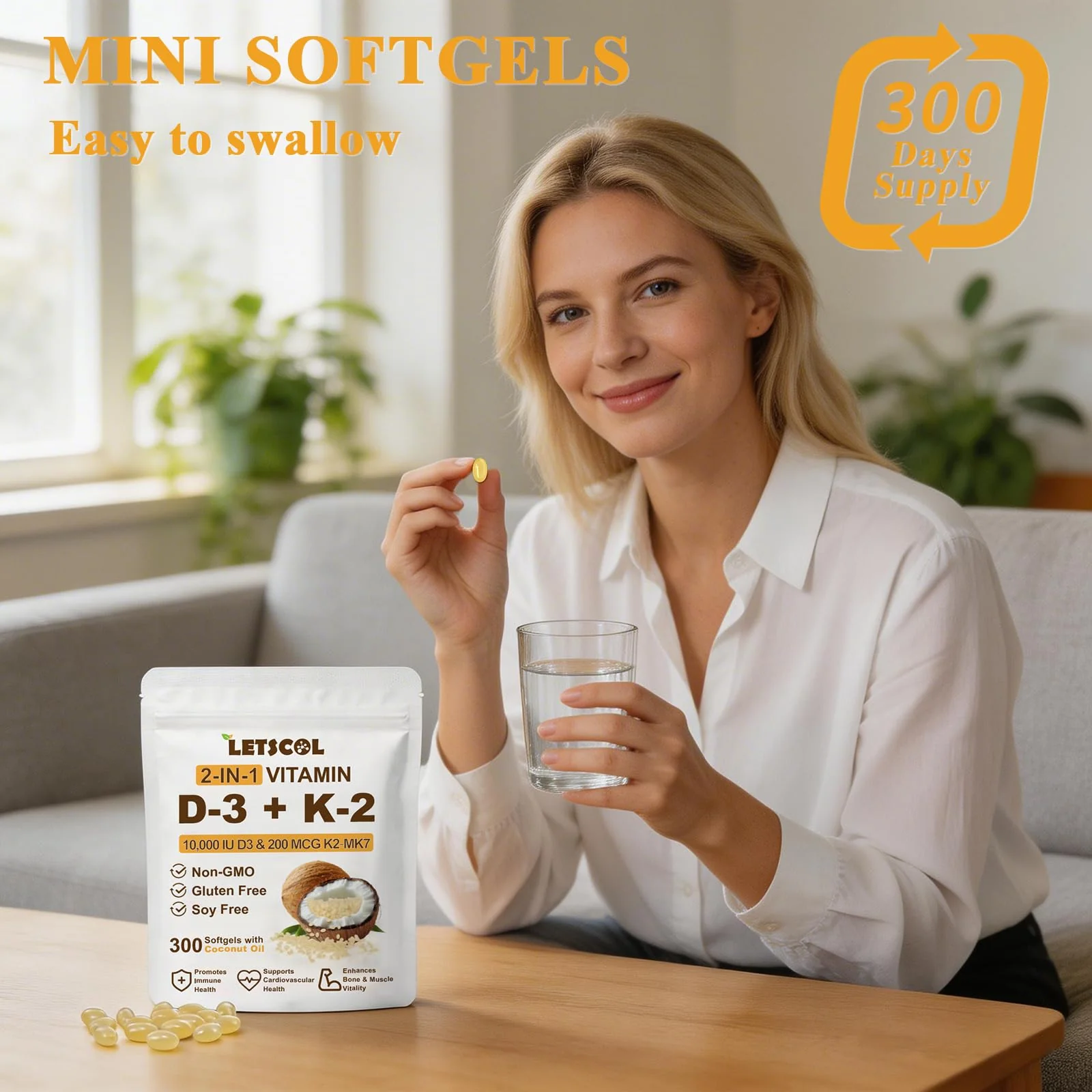LETSCOL 2-in-1 Vitamin D3 K2 Supplement Softgel, Vitamin D3 10000 IU and Vitamin K2 200 mcg, K2 MK7 with D3 Vitamin Supplement Support Immune, Heart, Joint, Teeth & Bone Health - Image 4