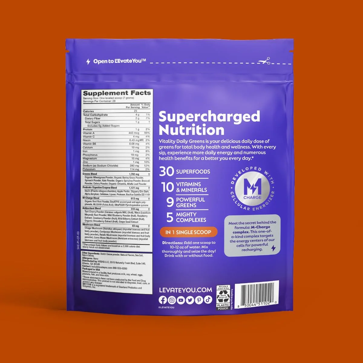 L'Evate You Vitality Daily Greens Powder (28 Servings) 30 Superfoods, 9 Greens - for a Cellular Energy Boost, Powered by M-Charge Complex for All Day Energy (Chocolate) - Image 5