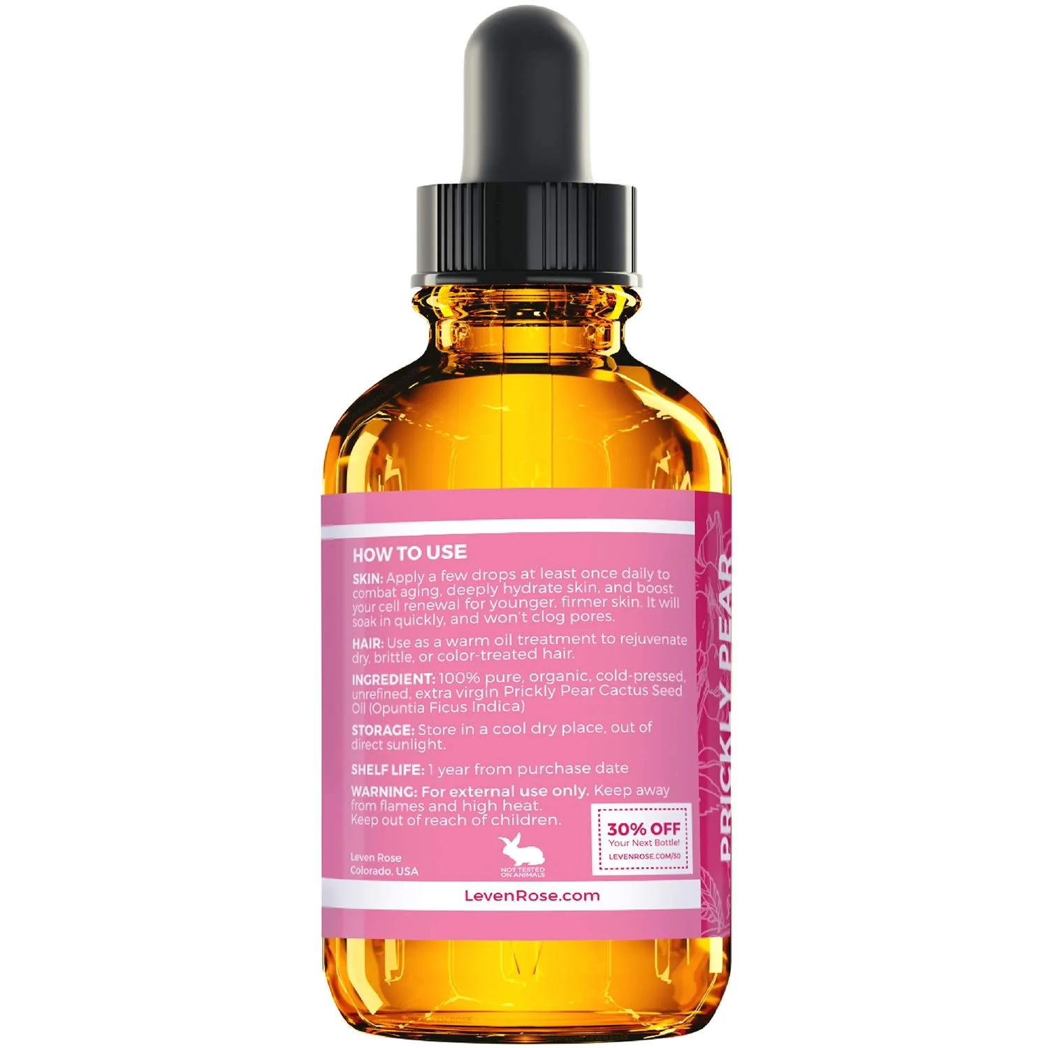 Leven Rose Prickly Pear Seed Oil (Barbary Fig) 100% Pure Organic Prickly Pear Oil, Extra Virgin, Cold Pressed, All Natural Face, Dry Skin & Body Moisturizer and Hair Treatment 1 oz - Image 2