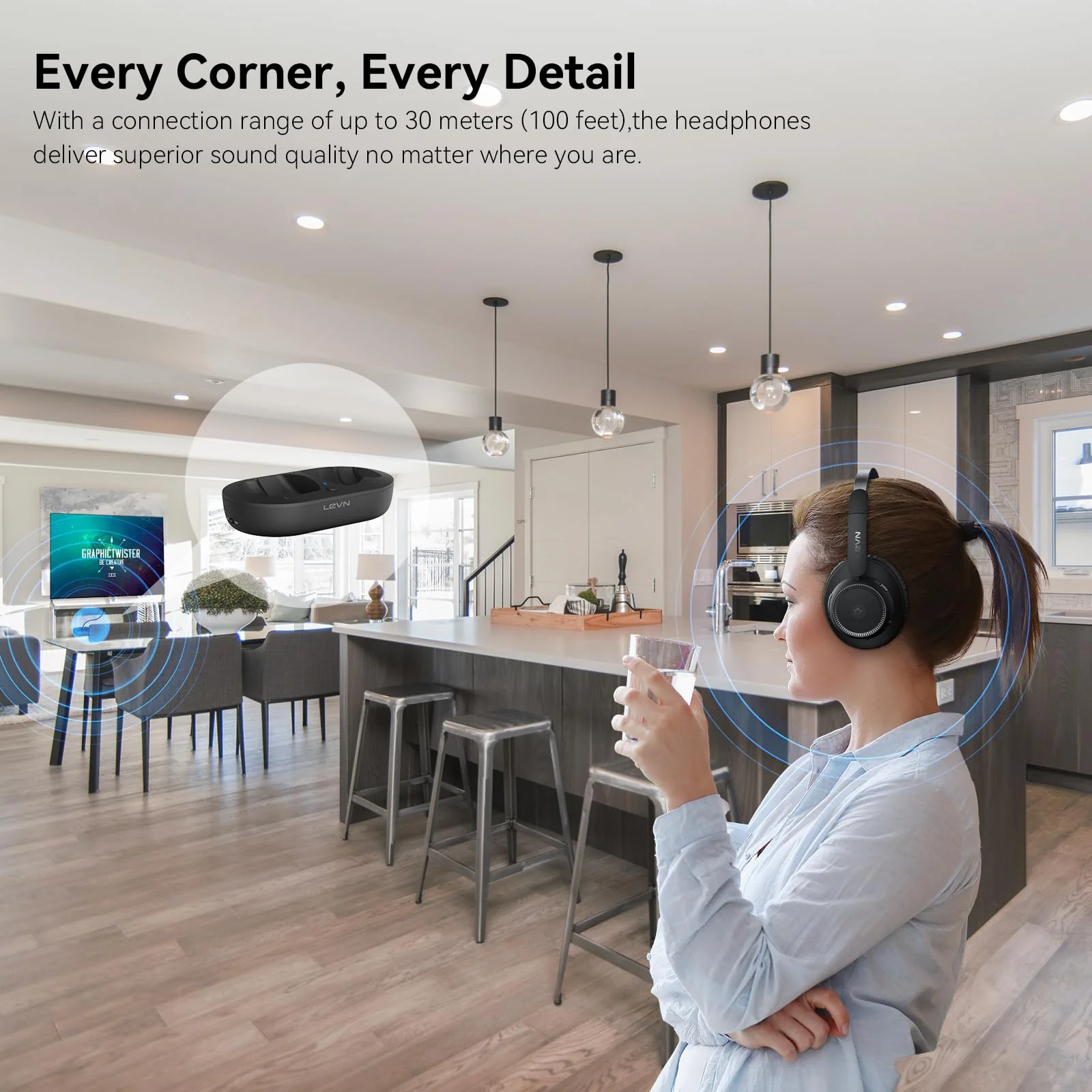 LEVN Wireless Headphones for TV Watching, TV Headphones Wireless for Seniors with Transmitter Charging Base, Hearing-impaired, No Audio Delay Blutooth 5.2, Plug and Play, Gifts for Elderly - Image 4