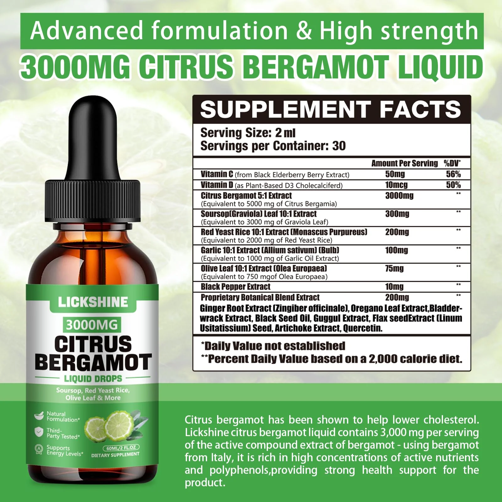 lickshine 2 Pack 3000mg Citrus Bergamot Liquid Drops - High Absorption - Cholesterol Lowering Supplement for Immune Support Anti-Aging, Hight Cholesterol - Soursop Bitters Liquid, 4 Fl Oz - Image 7