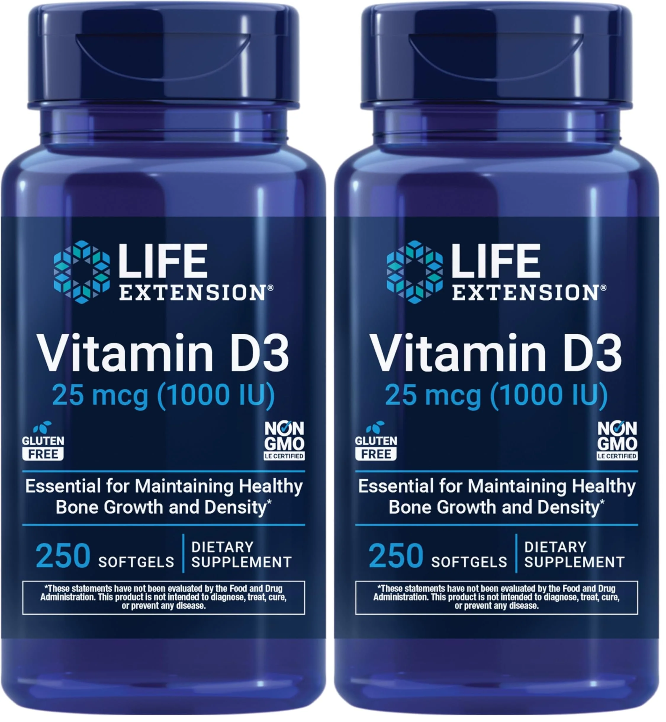 Life Extension Vitamin D3 25 mcg (1000 IU), Immune System Support, Bone Health, Whole-Body Health, Value Size, Gluten-Free, Non-GMO, 250 softgels (Pack of 2)