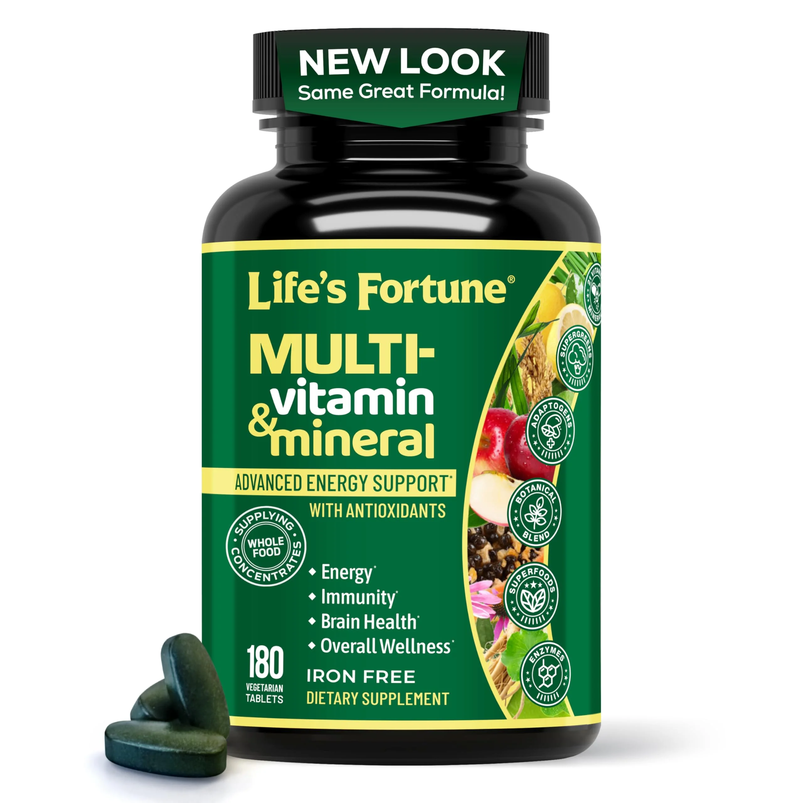 Life's Fortune Whole Food Multivitamin & Mineral Supplement for Men & Women – Energy Support Vitamins for Immune, Brain & Metabolism Support – Iron Free, 180 Vegetarian Tablets