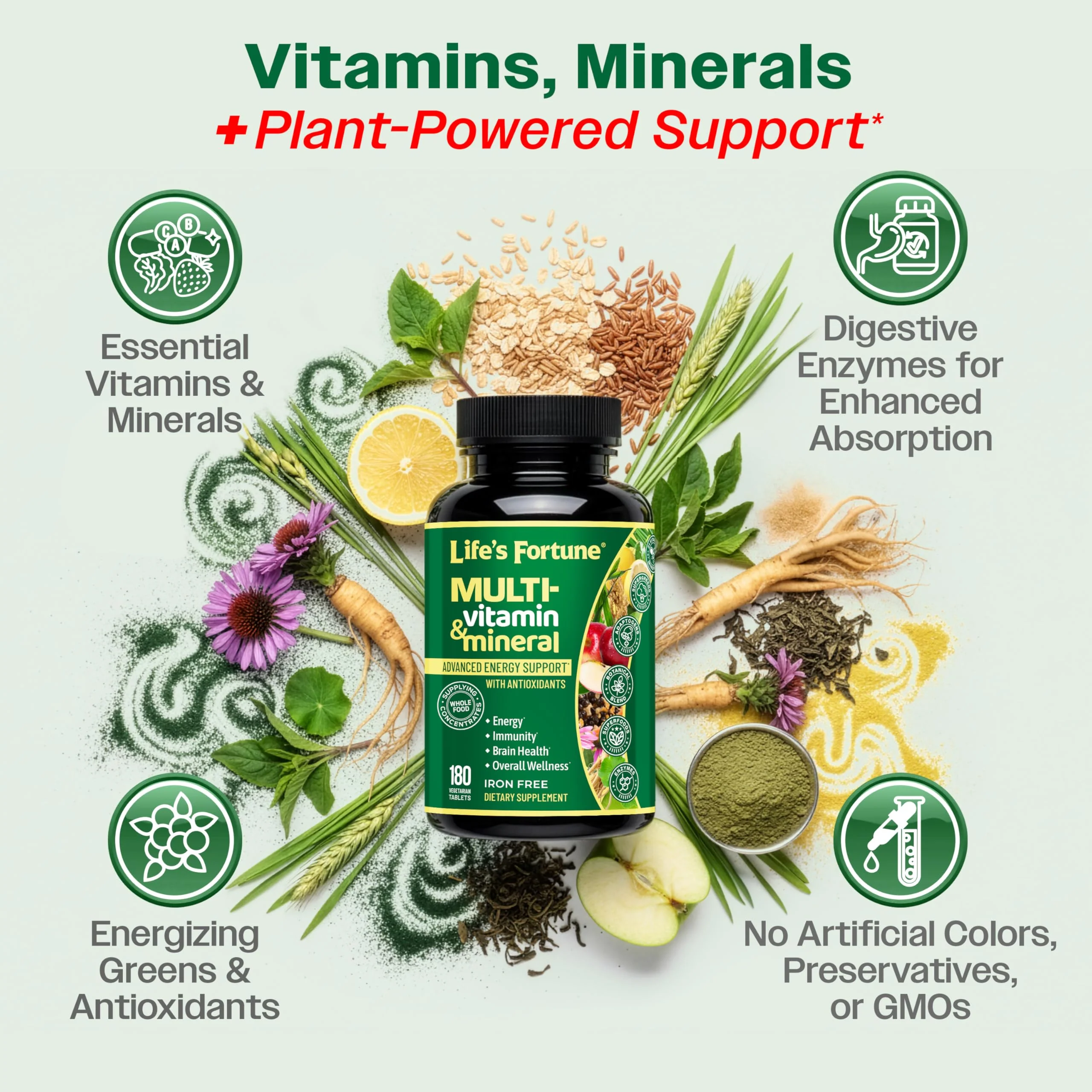 Life's Fortune Whole Food Multivitamin & Mineral Supplement for Men & Women – Energy Support Vitamins for Immune, Brain & Metabolism Support – Iron Free, 180 Vegetarian Tablets - Image 5