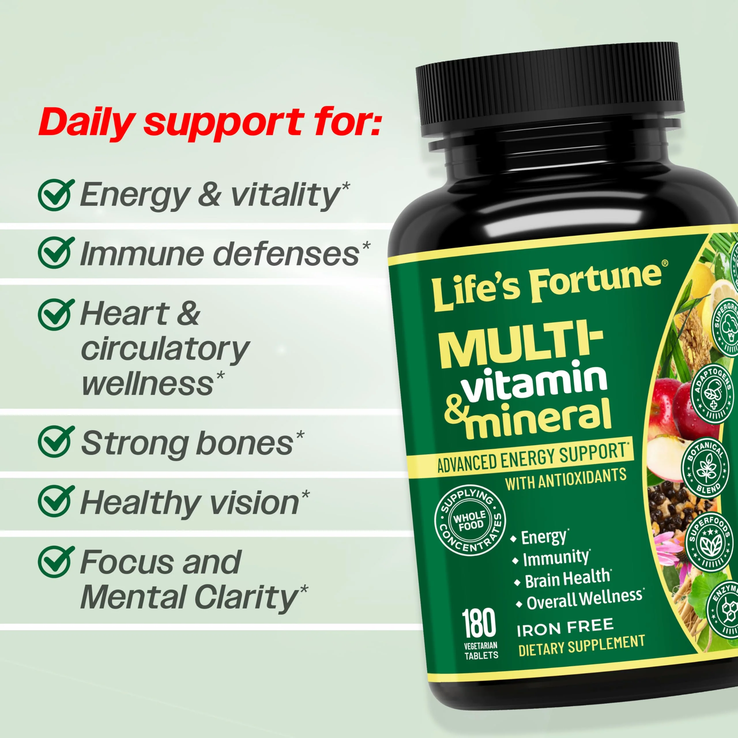 Life's Fortune Whole Food Multivitamin & Mineral Supplement for Men & Women – Energy Support Vitamins for Immune, Brain & Metabolism Support – Iron Free, 180 Vegetarian Tablets - Image 8
