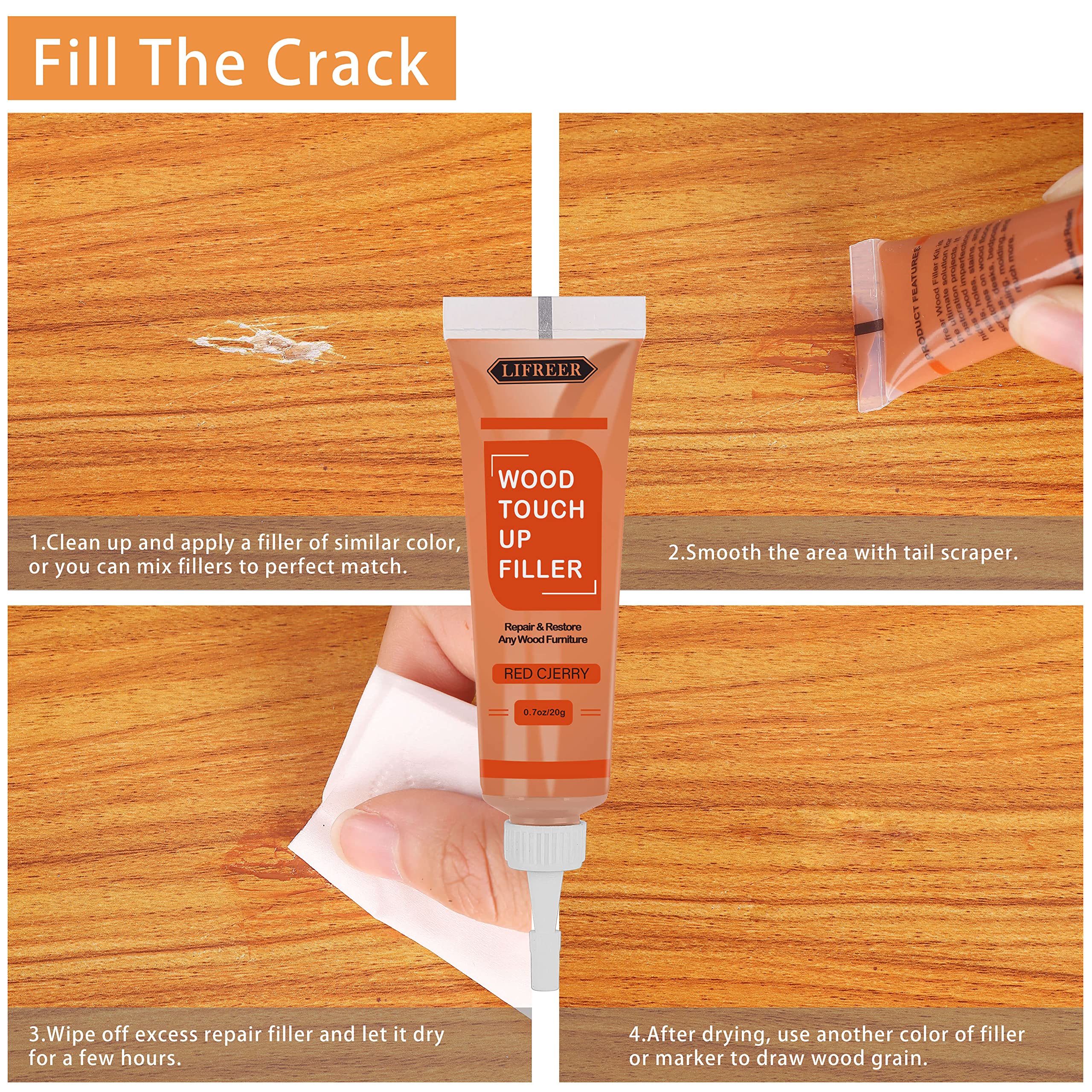 Lifreer Wood Furniture Repair Kit - 40 Pcs Wood Filler, Touch Up Markers with Wax Sticks - for Wood Floors, Stains, Scratches,Tables, Door, Carpenters, Bedposts - Image 7