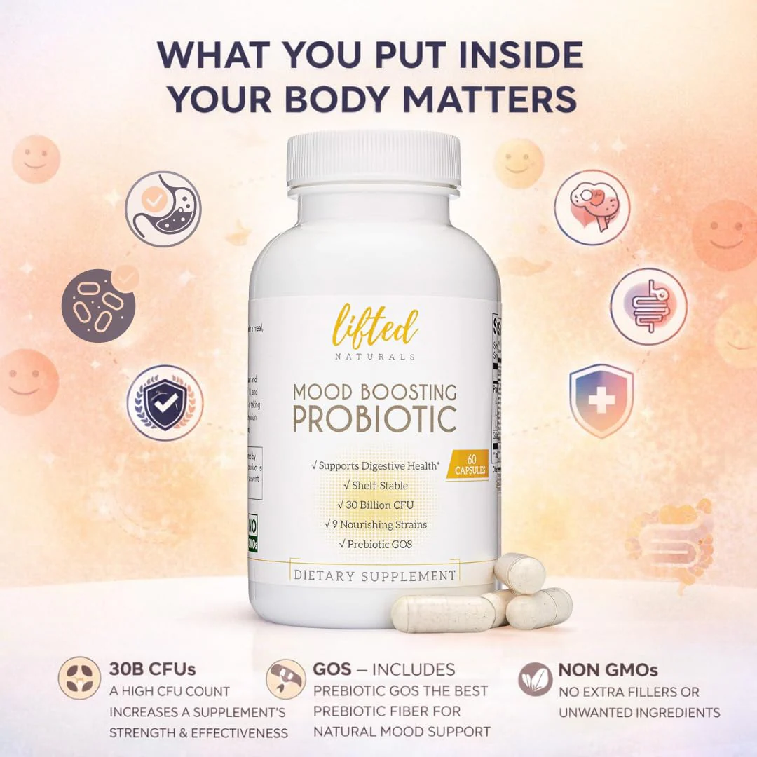Lifted Naturals Mood Boosting Probiotic 30 Billion CFU - Mood Support Supplement, Prebiotics and Probiotics for Women & Men, Acidophilus Lactobacillus Probiotic, Shelf Stable & Non-GMO, 60 Capsules - Image 2