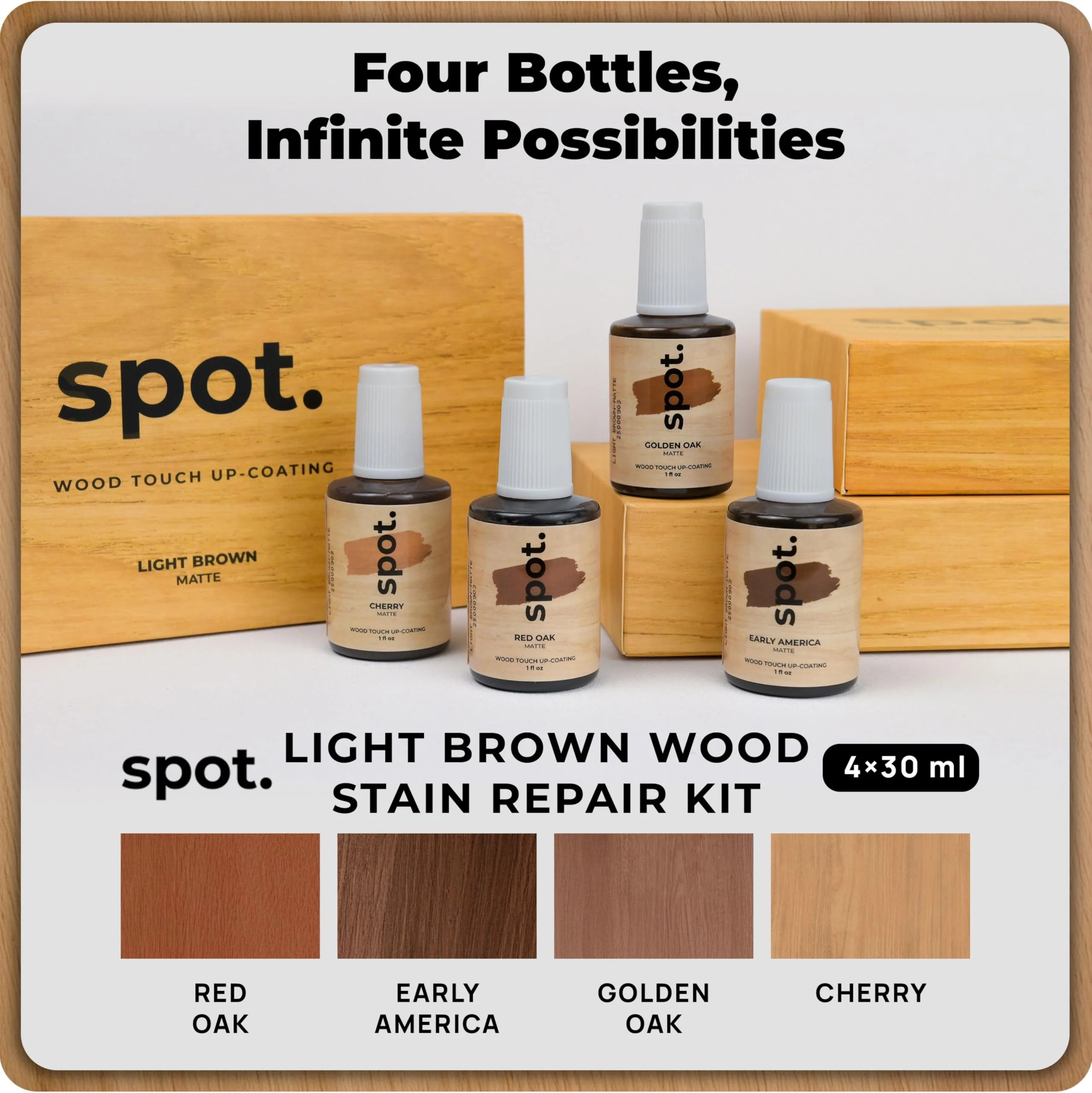 Light Brown Wood Stain Repair Kit, Brush-On Touch-Up Stain Bottles, Golden Oak, Early America, Cherry, Red Oak, Interior and Exterior Wood, 4 fl oz Total by spot. - Image 10