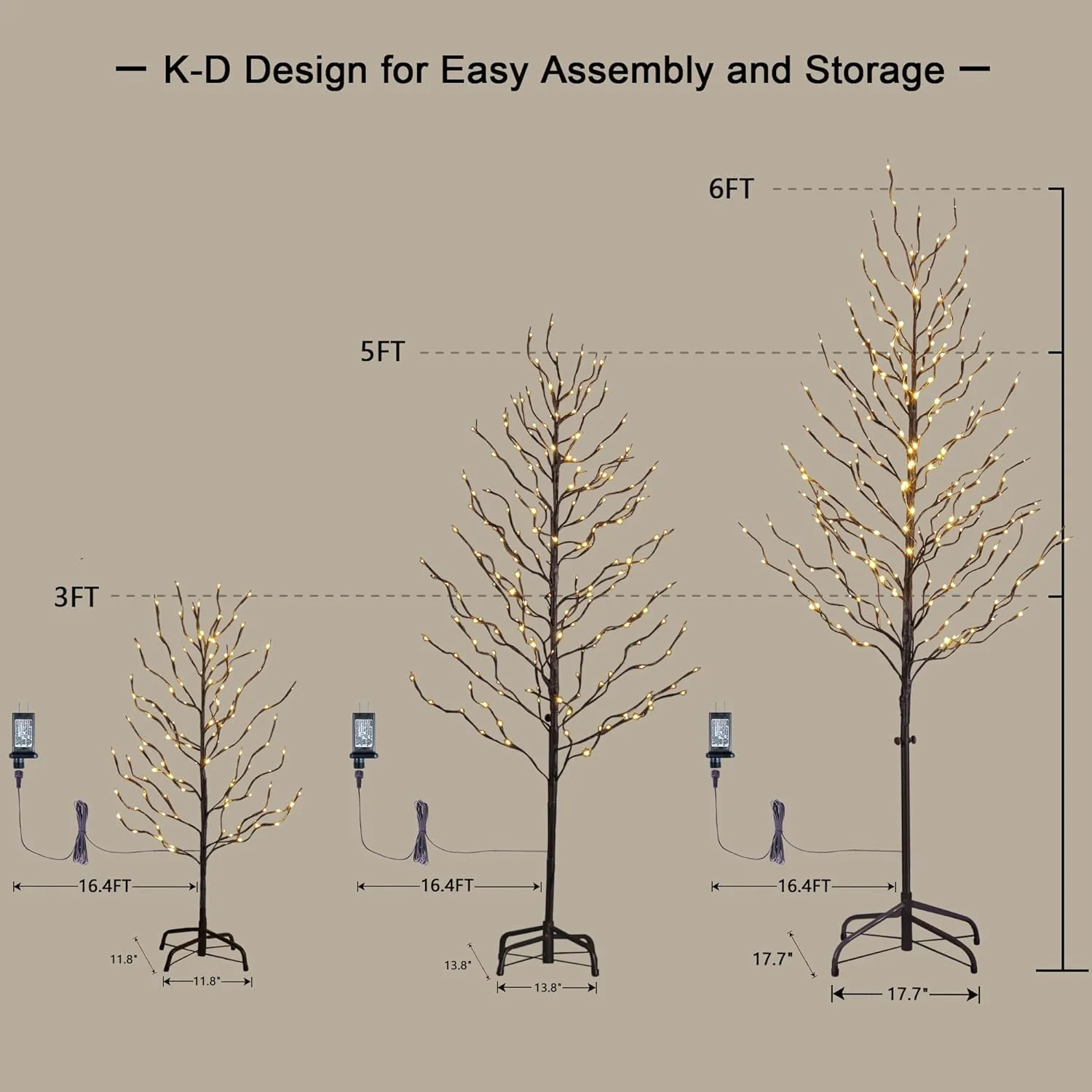 Lightshare Set of 3 Star Light Trees Christmas Decorations, Including 3 feet, 5 feet, and 6 feet, Warm White Christmas Tree, Brown Branch - Image 4