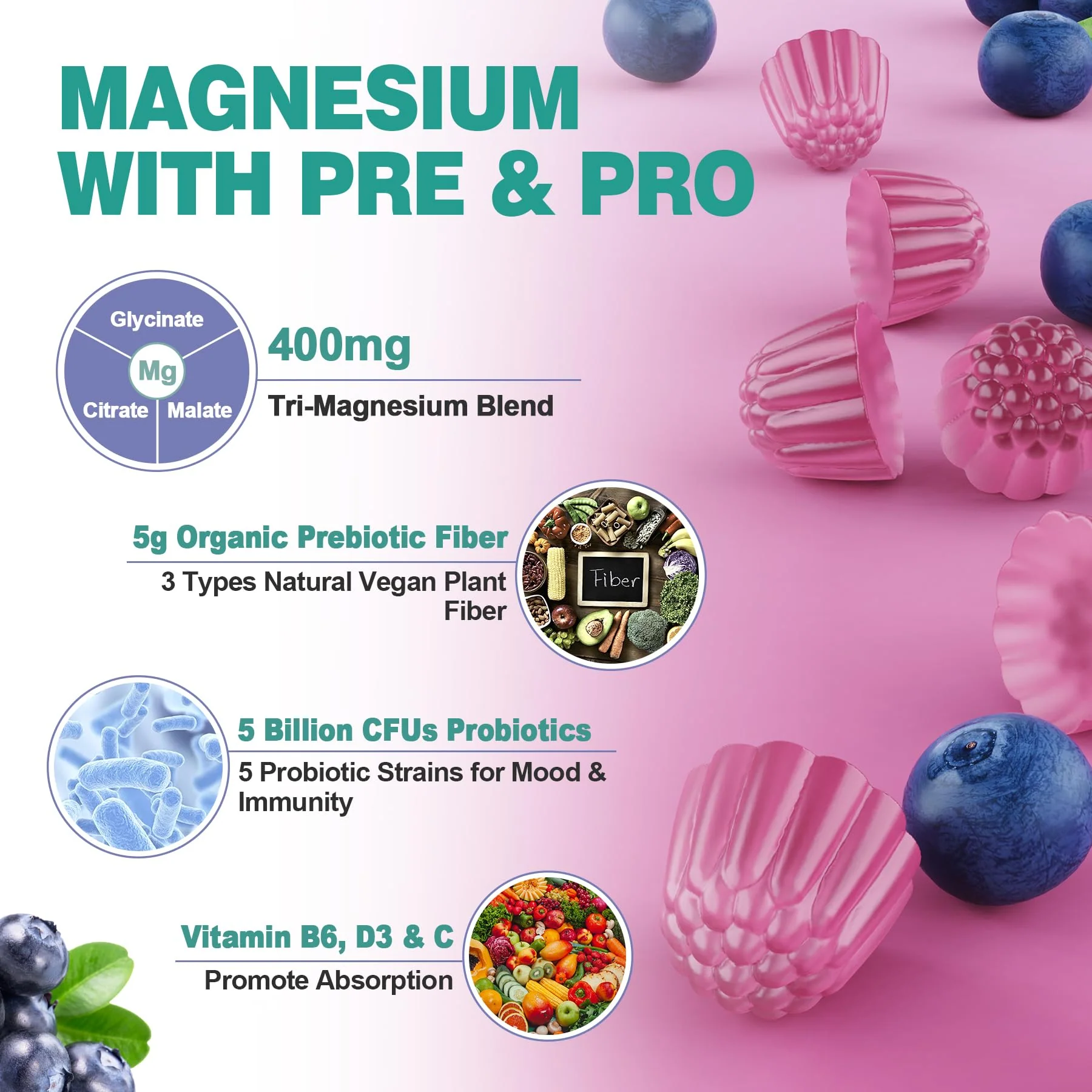 LILICARE Triple Magnesium Complex Gummies 400mg with Prebiotics & Probiotics 5 Billion CFUs, Magnesium Glycinate, Supplement Gummies with Vitamin B6, D3 & C for Muscles & Mood - 60 Count (Pack of 1) - Image 5
