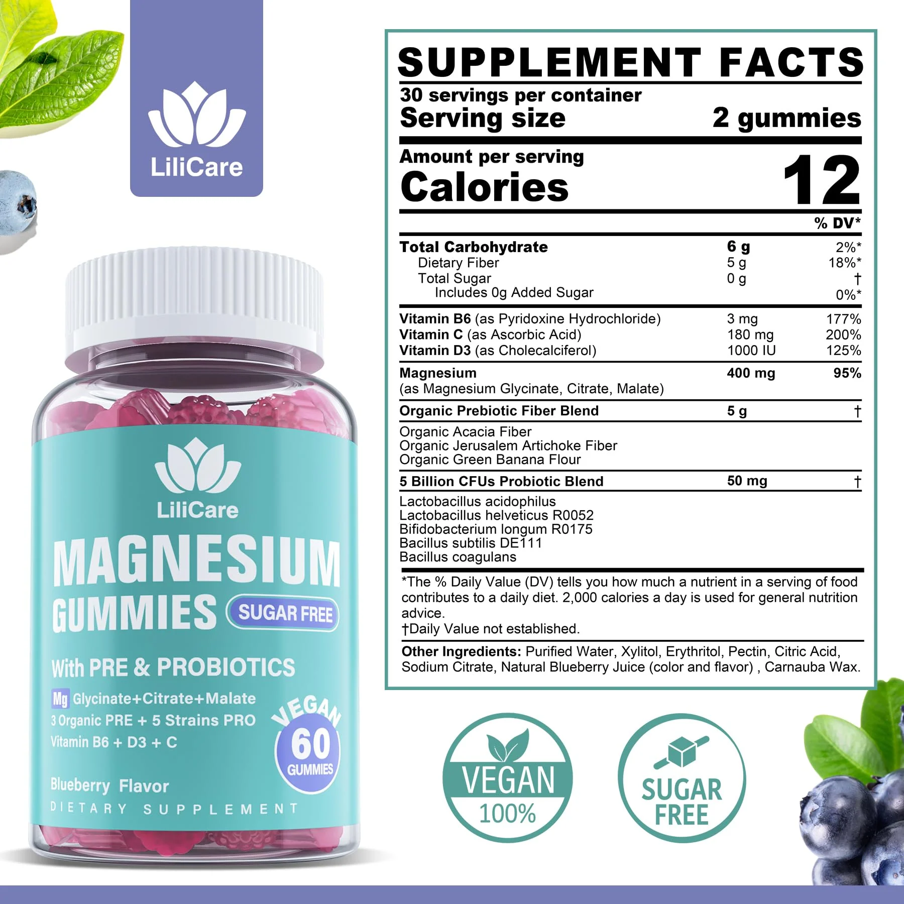 LILICARE Triple Magnesium Complex Gummies 400mg with Prebiotics & Probiotics 5 Billion CFUs, Magnesium Glycinate, Supplement Gummies with Vitamin B6, D3 & C for Muscles & Mood - 60 Count (Pack of 1) - Image 6