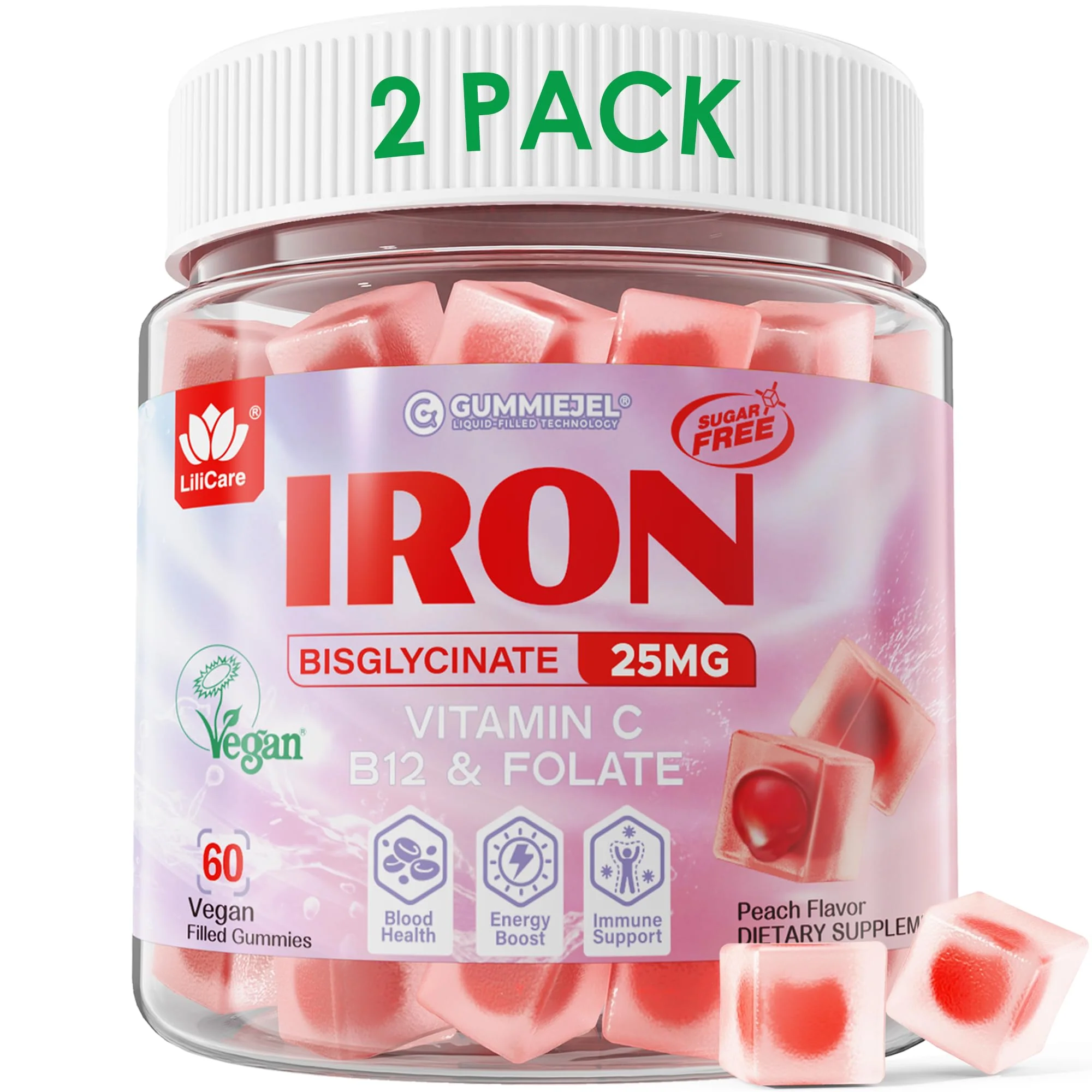 LILICARE Vegan Iron Supplement for Women 25mg, Sugar Free Iron Gummies with Vitamin C, Methy B12, Folate for Energy Boost, Iron Deficiency, No After Taste, Peach Flavor - 60 Count (Pack of 2)