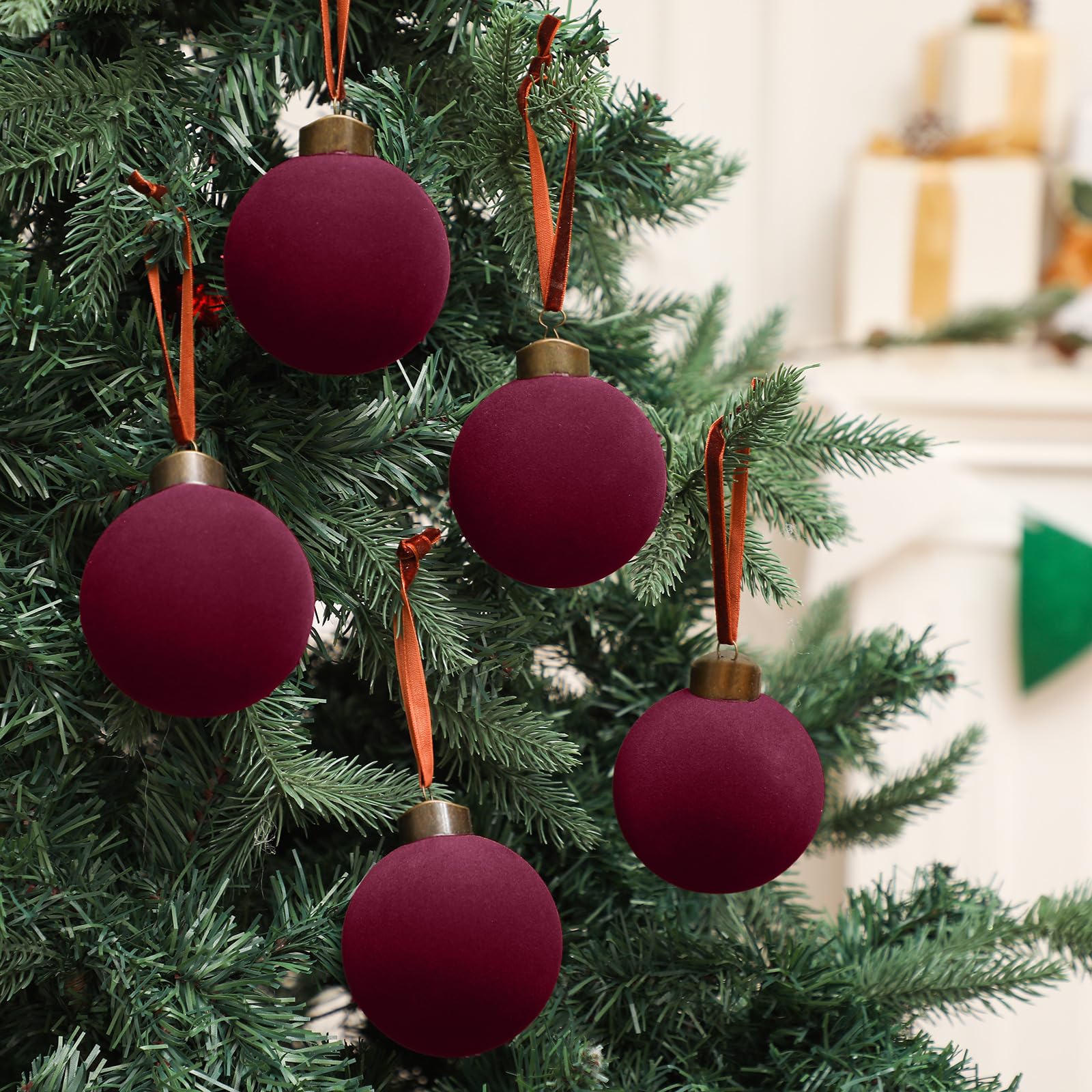 Liliful 15 Pcs Velvet Christmas Balls Bulk Flocked Christmas Tree Ball Ornaments Plastic Xmas Decorative Hanging Ornaments (Burgundy) - Image 4