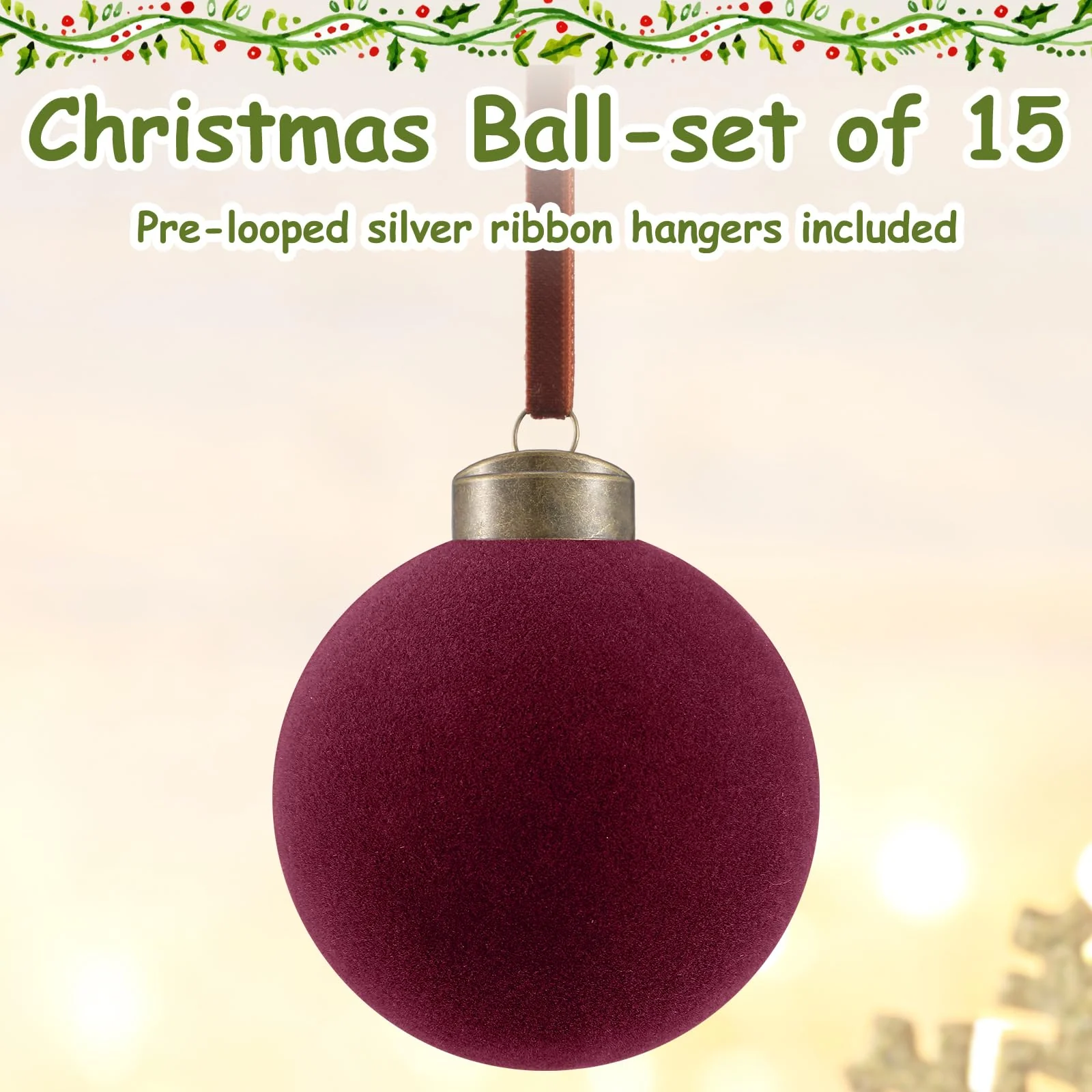 Liliful 15 Pcs Velvet Christmas Balls Bulk Flocked Christmas Tree Ball Ornaments Plastic Xmas Decorative Hanging Ornaments (Burgundy) - Image 5