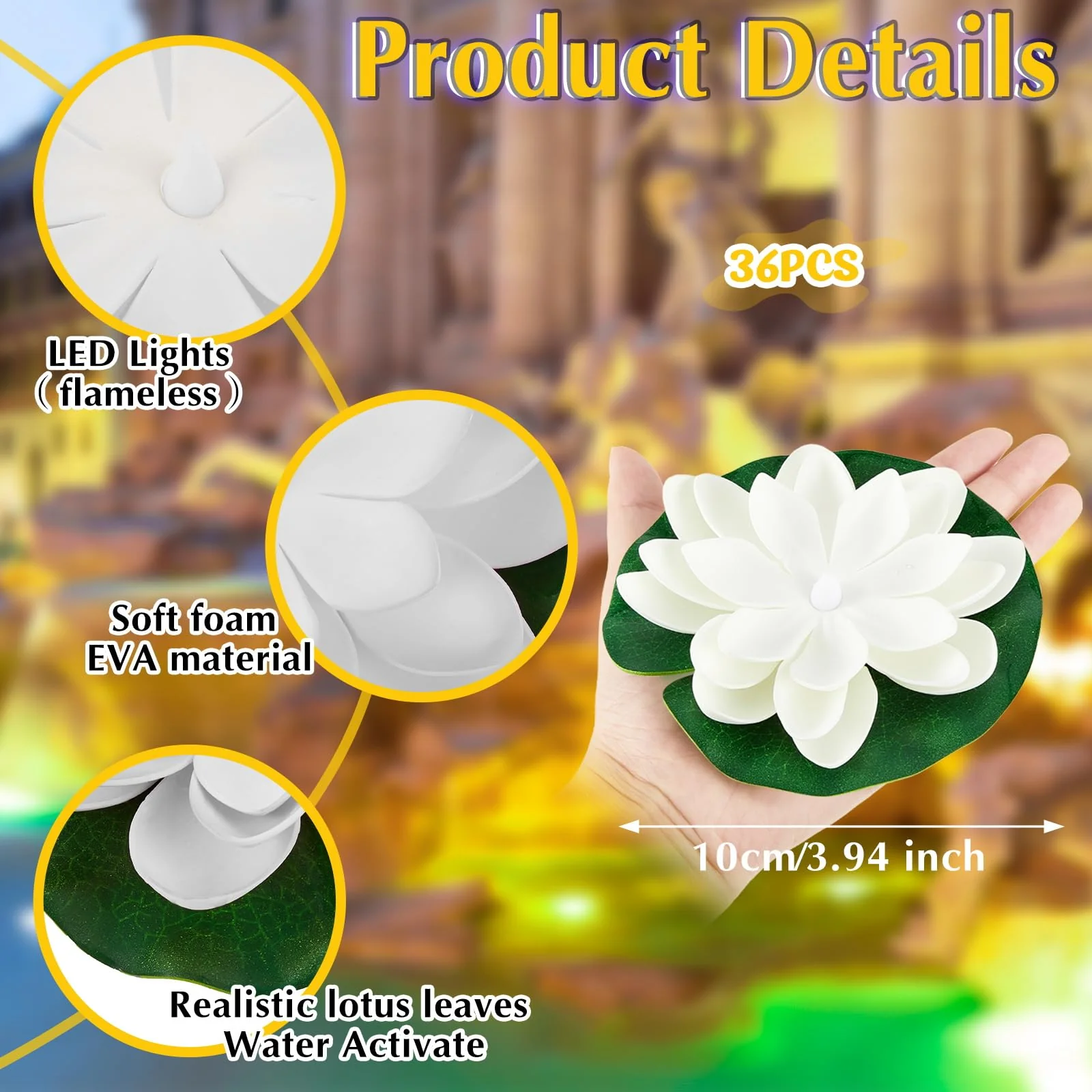 Liliful 36 Pcs Floating Lights Lotus Floating Lanterns Artificial Lily Pads with LED Lights Battery Operated for Pool Party Garden & Pond Summer Decoration (3.94 Inch,White) - Image 6