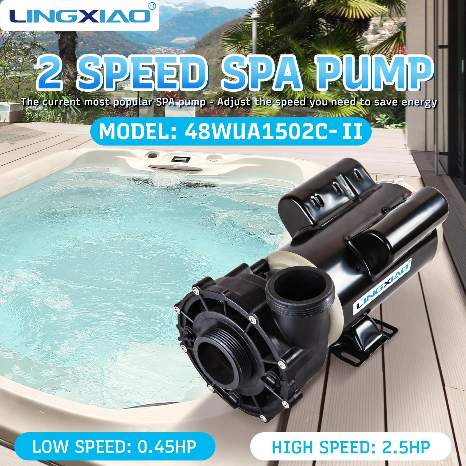 LINGXIAO SPA Pump, 2.5HP Hot Tub Pump - 48 Frame(Y) LX SPA Motor 2 Speed, 230V, 2" Port - (Model: 48WUA1502C-II) - Image 7