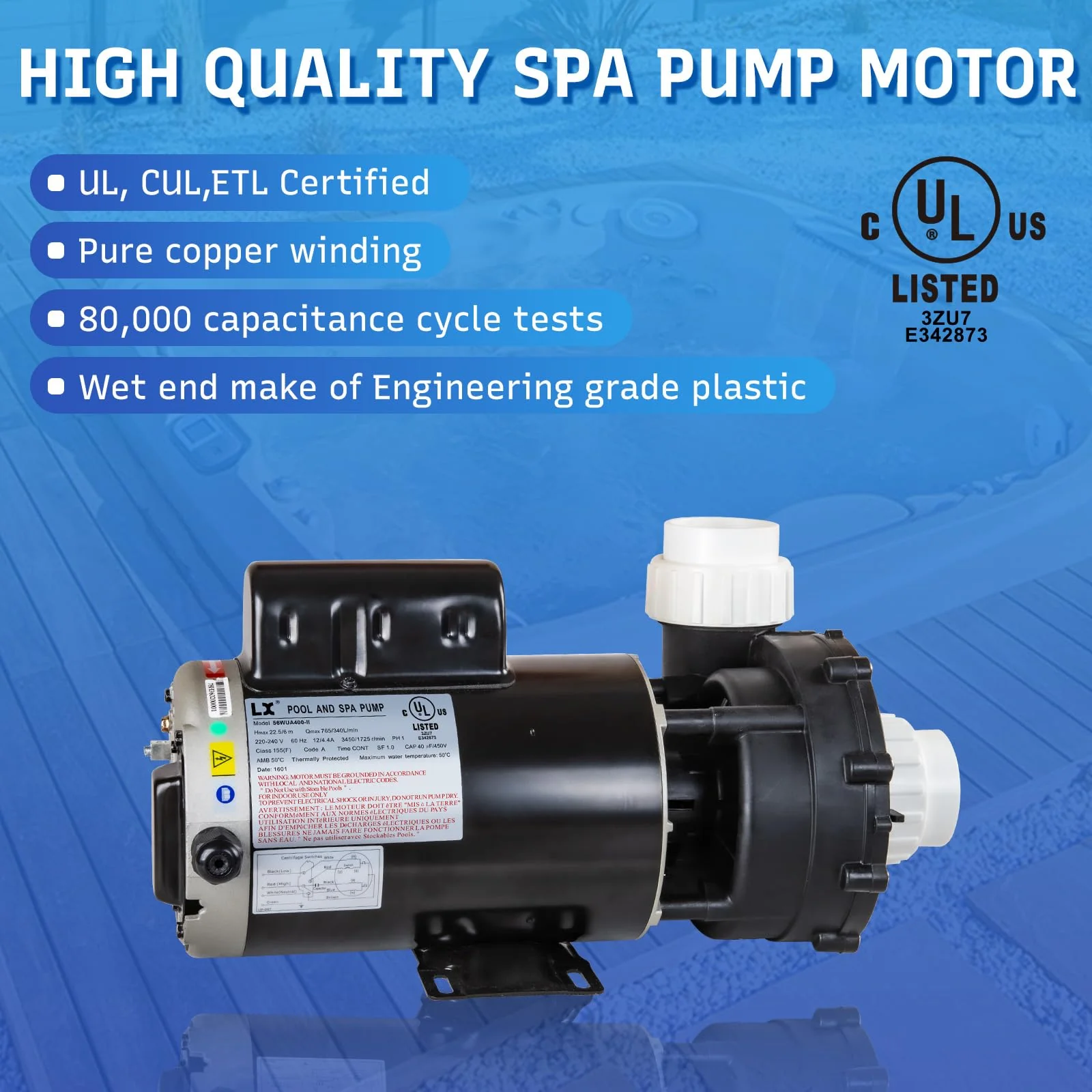 LINGXIAO SPA Pump, 4HP Hot Tub Pump - 2 Speed LX SPA Pumps Motor 220-240V, 2" Port, 56 Frame (Model: 56WUA400-II) - Image 5