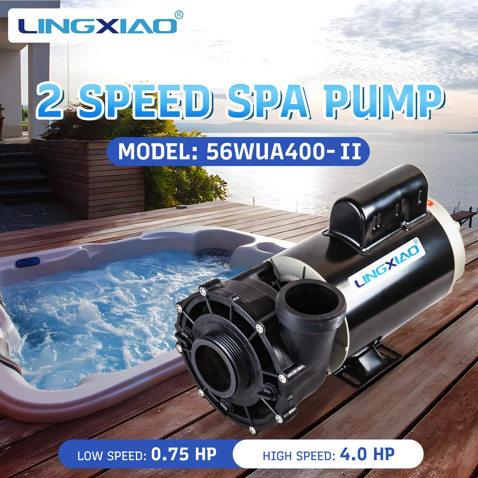 LINGXIAO SPA Pump, 4HP Hot Tub Pump - 2 Speed LX SPA Pumps Motor 220-240V, 2" Port, 56 Frame (Model: 56WUA400-II) - Image 8