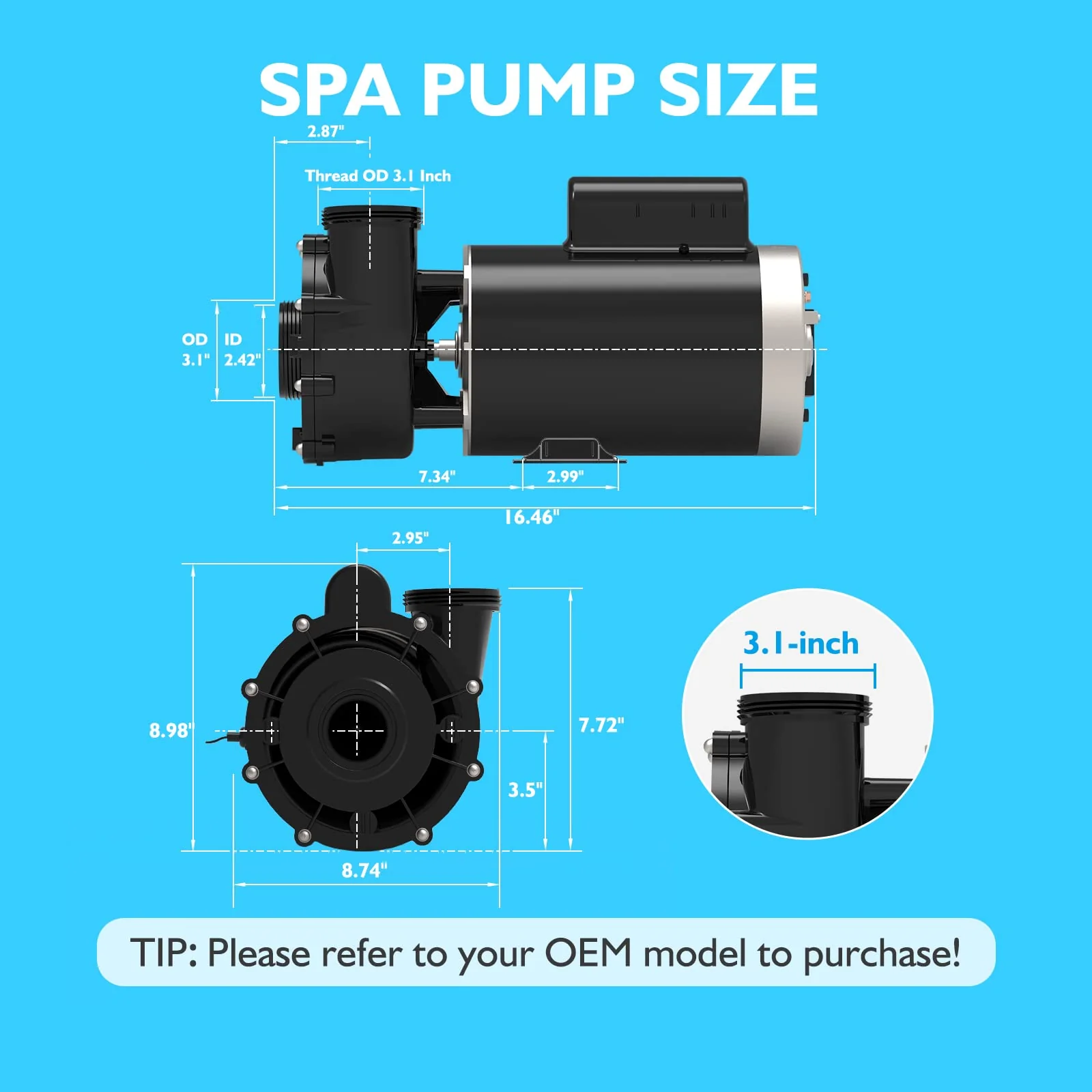 LINGXIAO SPA Pump, Single Speed SPA Hot Tub Pump - 56 Frame LX SPA Pump Motor 4HP, 220-240V, 2" Port (Model: 56WUA400-I) - Image 2