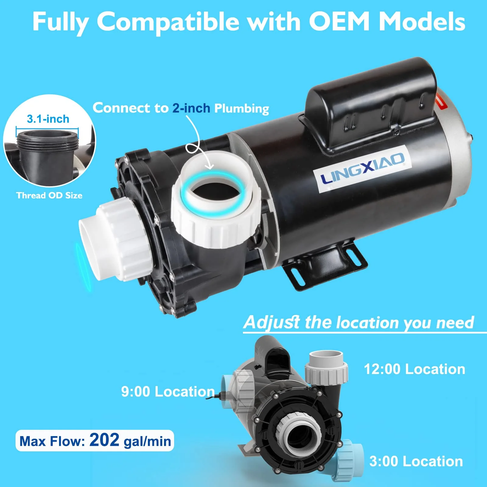LINGXIAO SPA Pump, Single Speed SPA Hot Tub Pump - 56 Frame LX SPA Pump Motor 4HP, 220-240V, 2" Port (Model: 56WUA400-I) - Image 4