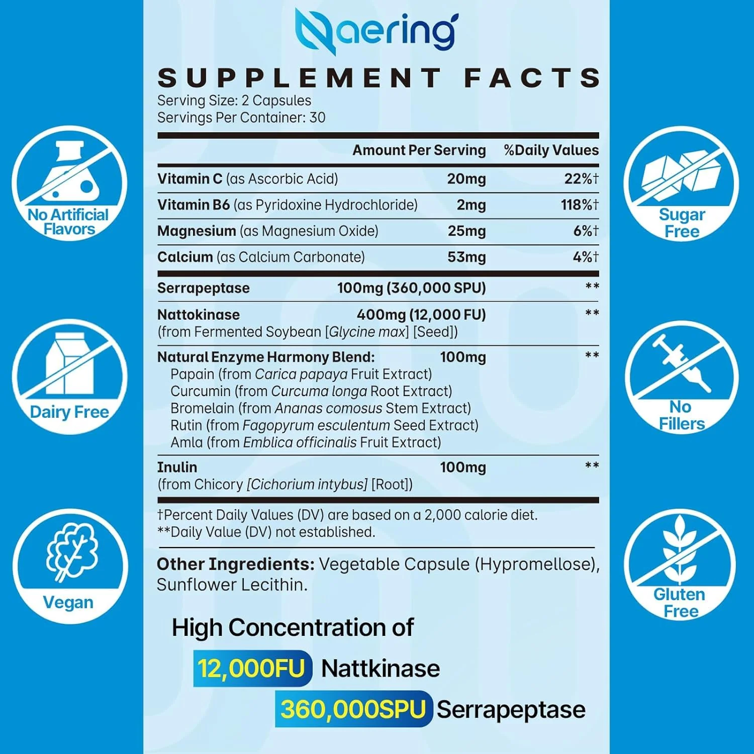 Liposomal Nattokinase 12,000 FU Serrapeptase 360,000 SPU Enzyme Supplement - Enriched with Synergistic Enzymes and Nutrient Blend & Inulin for Circulatory, Gut, Digestion 60 Capsules (1 Bottle) - Image 2