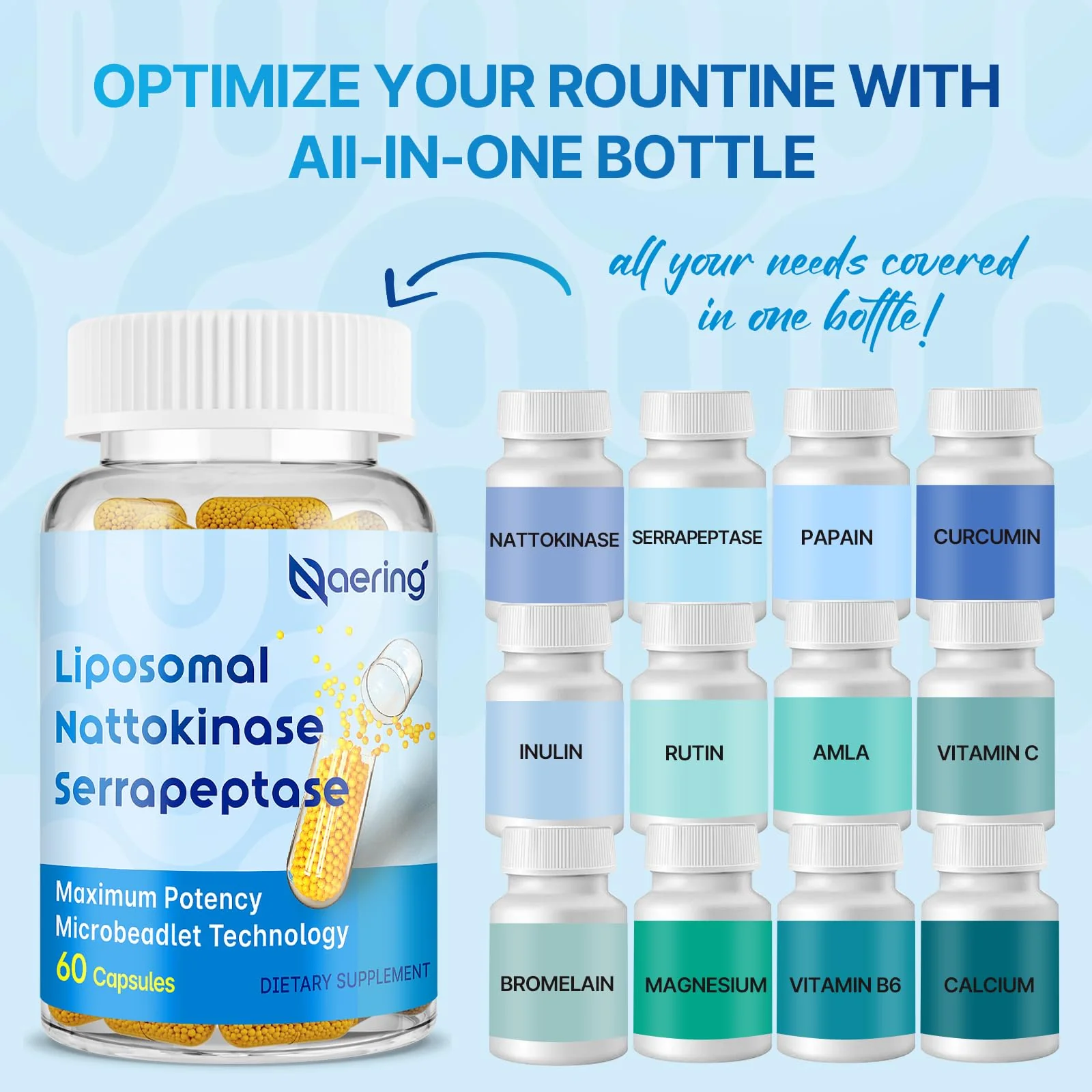 Liposomal Nattokinase 12,000 FU Serrapeptase 360,000 SPU Enzyme Supplement - Enriched with Synergistic Enzymes and Nutrient Blend & Inulin for Circulatory, Gut, Digestion 60 Capsules (1 Bottle) - Image 3