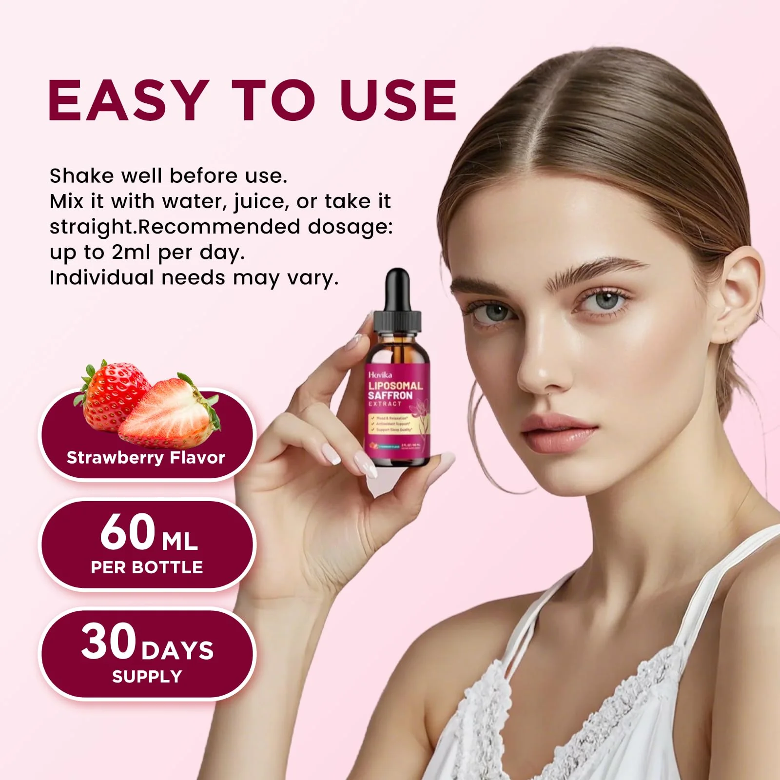 Liposomal Saffron Supplements - 88.5mg Saffron Extract Liquid Drops with L-Theanine, Chamomile, Vitamin C, B6, B12 & D3 for Antioxidant, Immune, Mood, Energy, Focus & Sleep - 2 Fl Oz Strawberry Flavor - Image 6