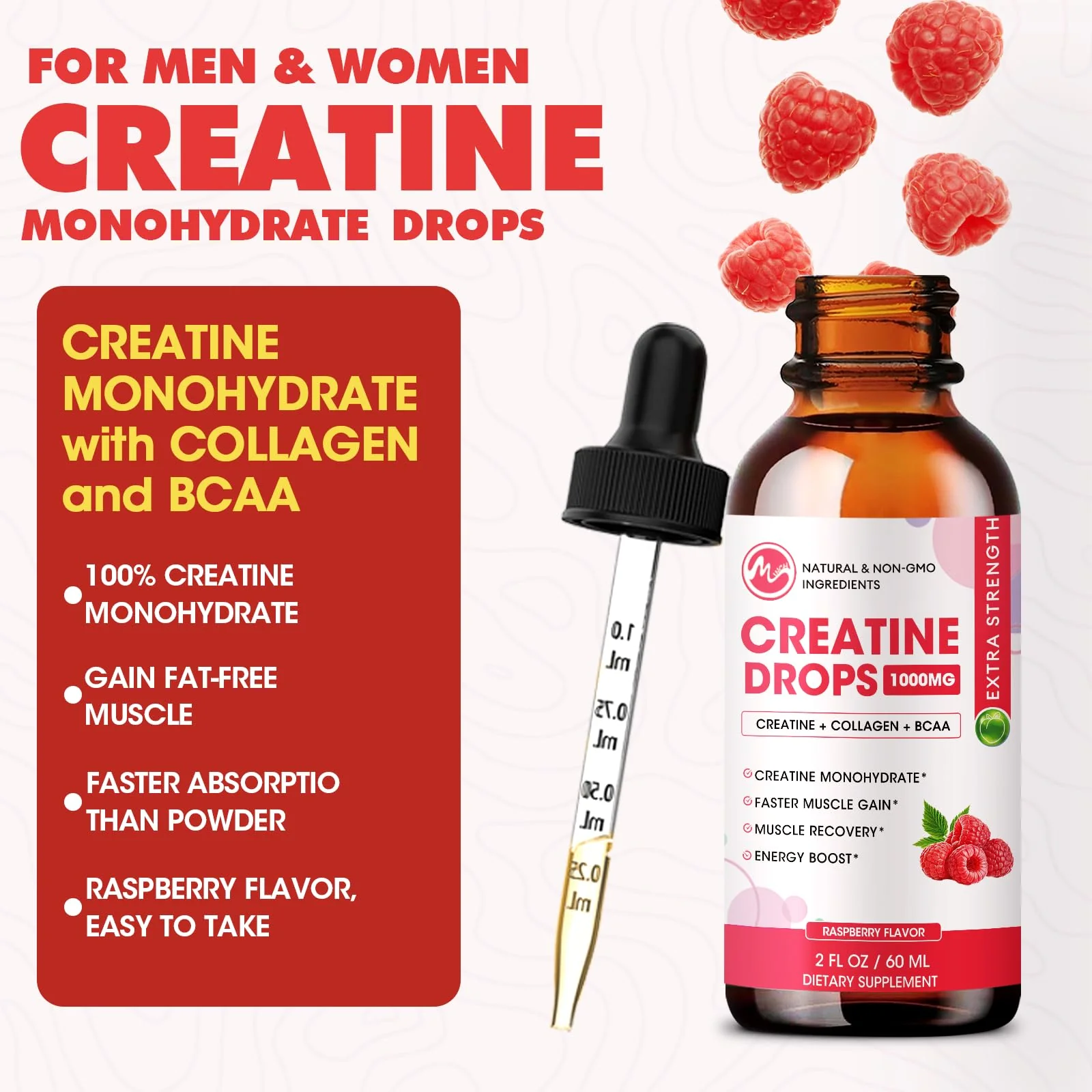 Liquid Creatine Drops - Sugar Free Creatine Monohydrate Supplements for Women & Men, Creatine Drops Gains for Building Muscle, Energy, Pre Workout, Raspberry Flavored - Image 4