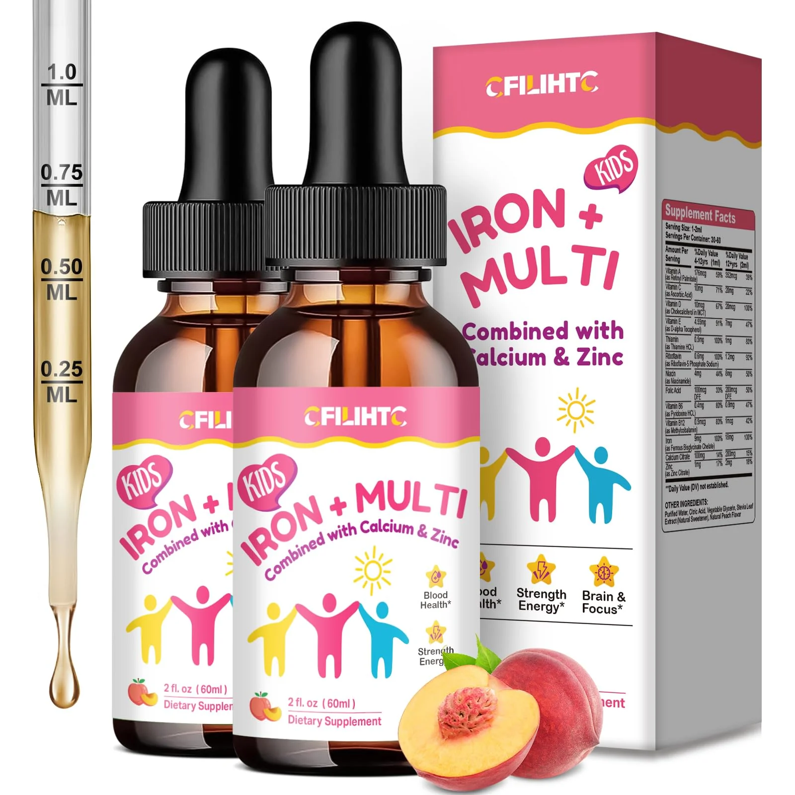 Liquid Iron Supplement for Kids, Women & Men - with Calcium, Zinc, Kids Multivitamin with Iron Drops - Blood Builder & Energy Support for Iron Deficiency, Anemia, Peach Flavor 4 Fl Oz