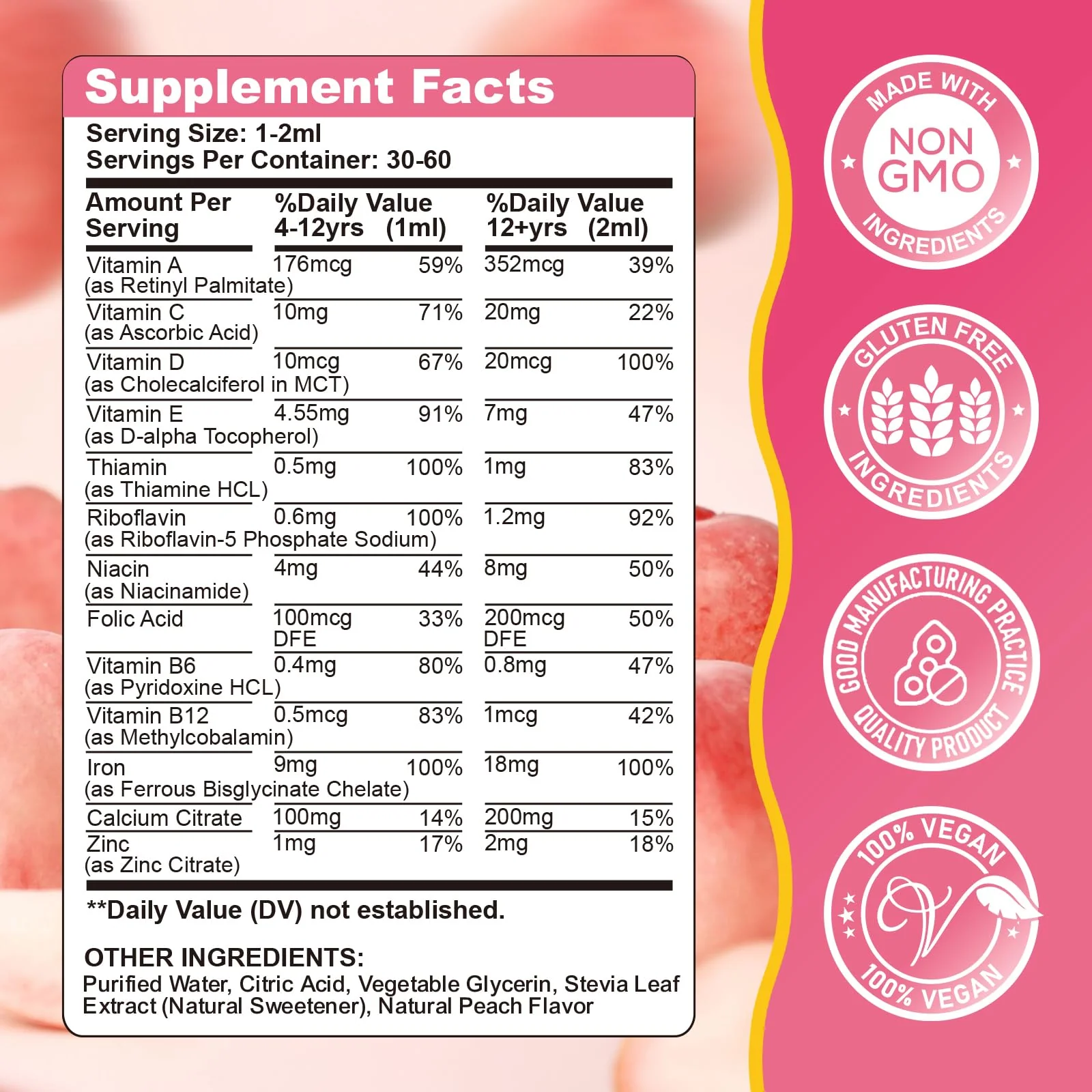 Liquid Iron Supplement for Kids, Women & Men - with Calcium, Zinc, Kids Multivitamin with Iron Drops - Blood Builder & Energy Support for Iron Deficiency, Anemia, Peach Flavor 4 Fl Oz - Image 2
