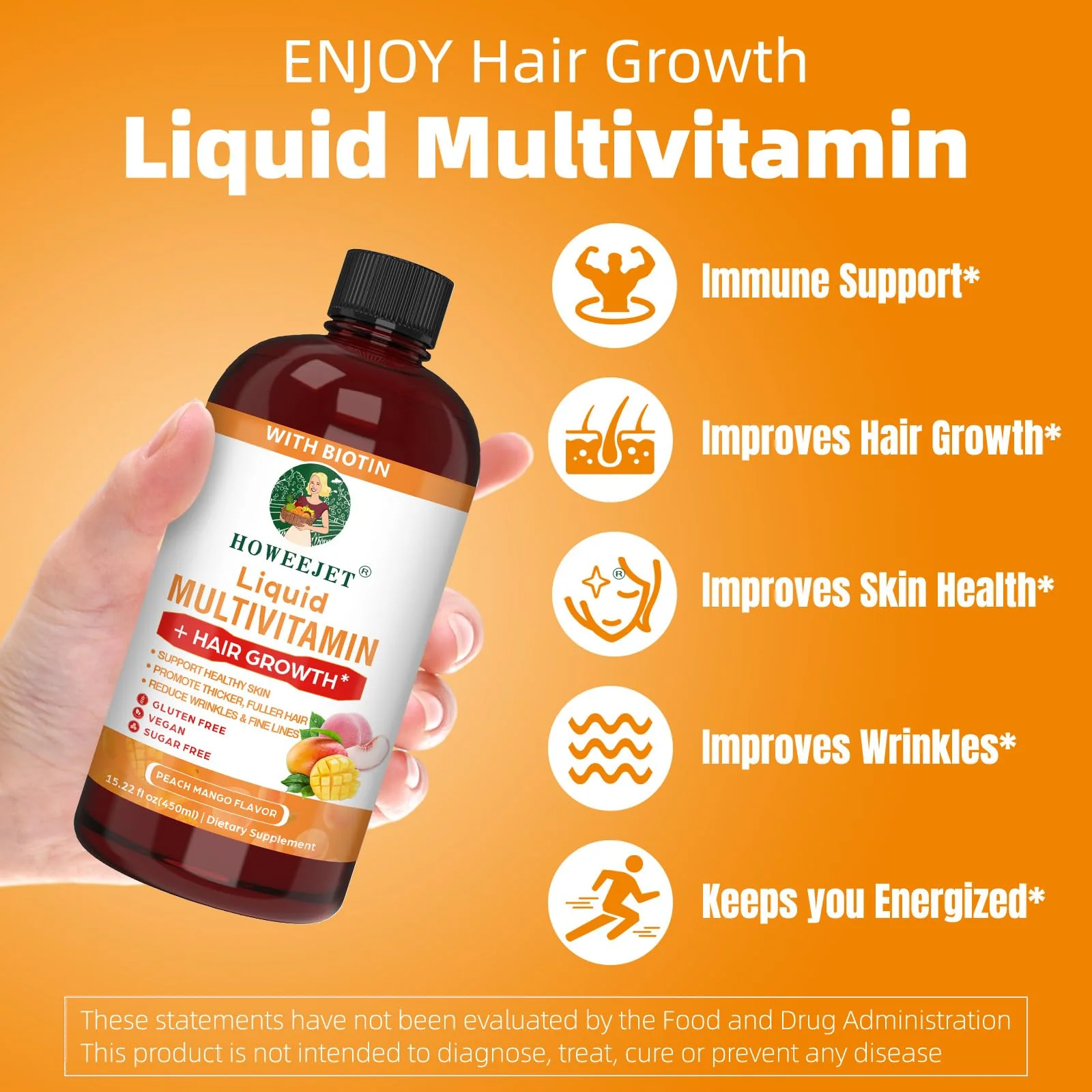 Liquid Multivitamin for Hair Growth | Biotin 10000mcg | Hair & Skin Support Supplement | Clinically Tested for Thicker Hair & Skin Elasticity | Suitable for Women & Men, Ages 18+ | 15.22 Fl Oz (1) - Image 5