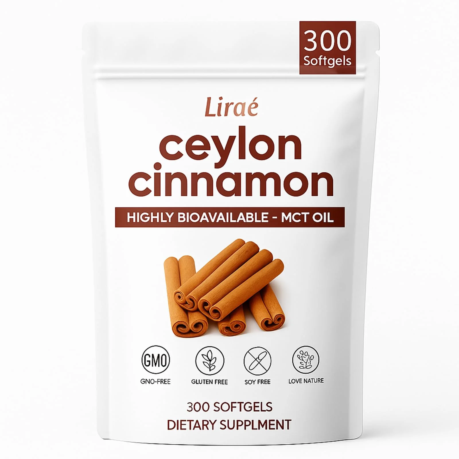 LIRAE Ceylon Cinnamon - 300 Softgels 7200mg Equivalent with MCT Oil – Highly Bioavailable Herbal Supplement Made with True Ceylon Cinnamon – Non-GMO, Gluten Free – Gentle Daily Support (1)