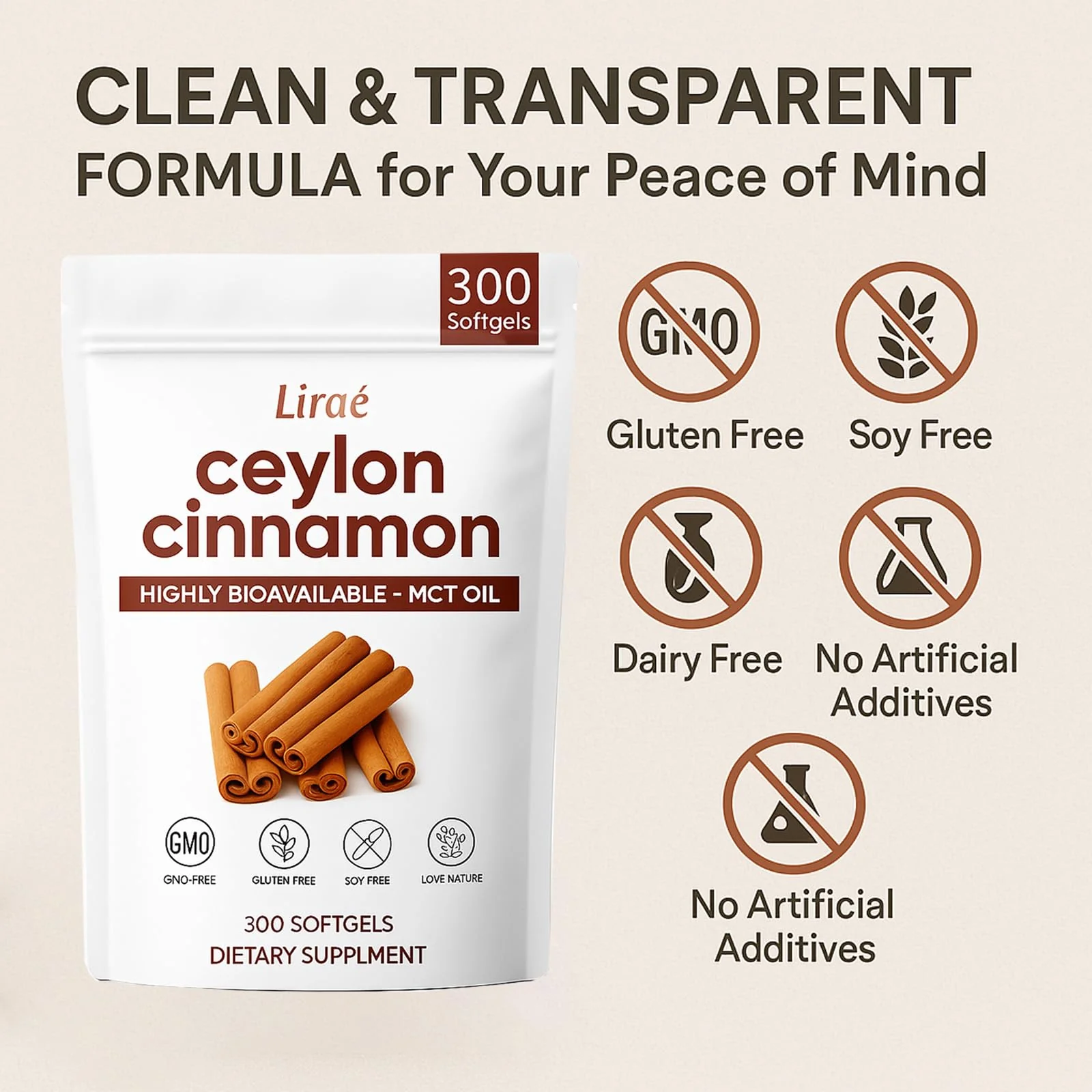 LIRAE Ceylon Cinnamon - 300 Softgels 7200mg Equivalent with MCT Oil – Highly Bioavailable Herbal Supplement Made with True Ceylon Cinnamon – Non-GMO, Gluten Free – Gentle Daily Support (1) - Image 5