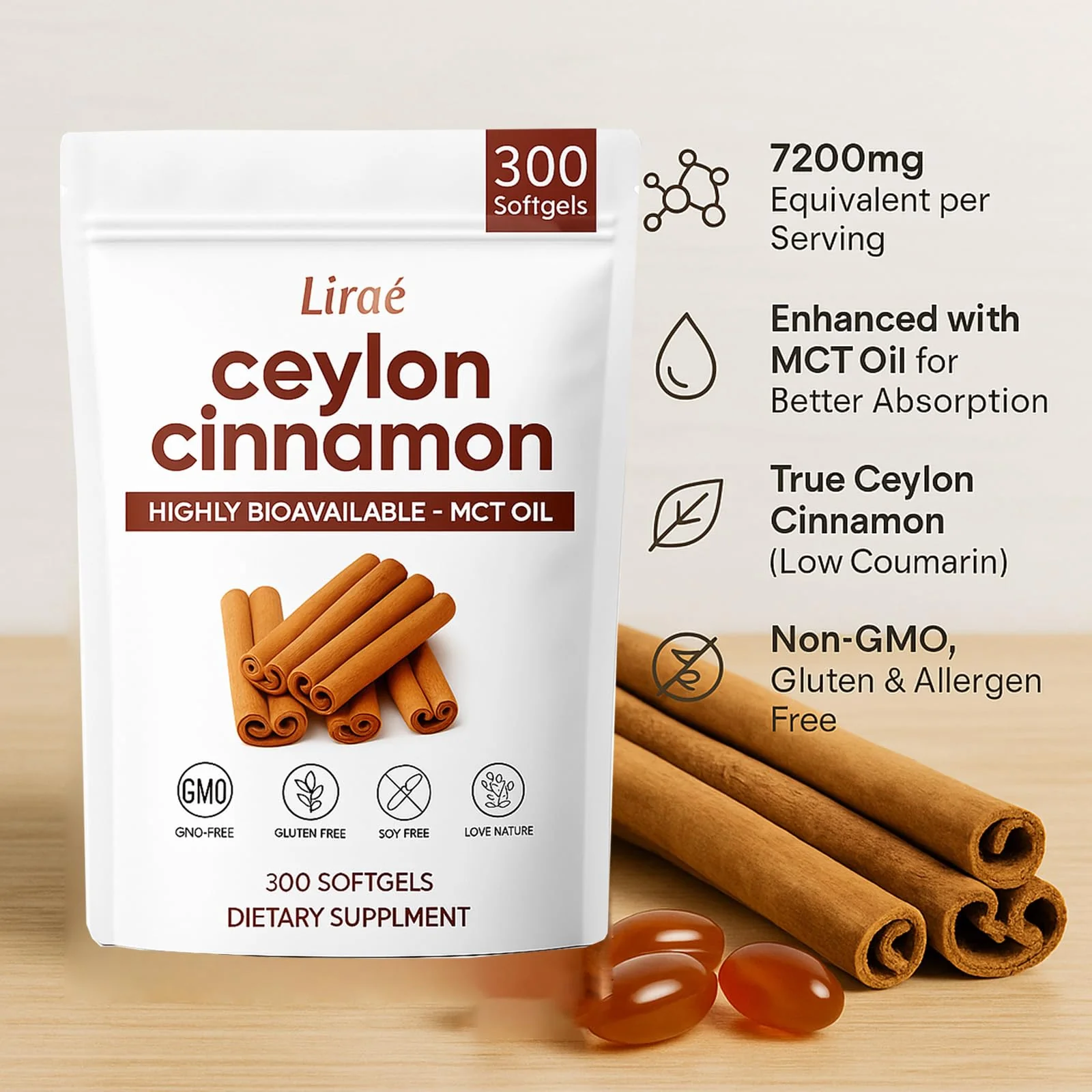 LIRAE Ceylon Cinnamon - 300 Softgels 7200mg Equivalent with MCT Oil – Highly Bioavailable Herbal Supplement Made with True Ceylon Cinnamon – Non-GMO, Gluten Free – Gentle Daily Support (1) - Image 7