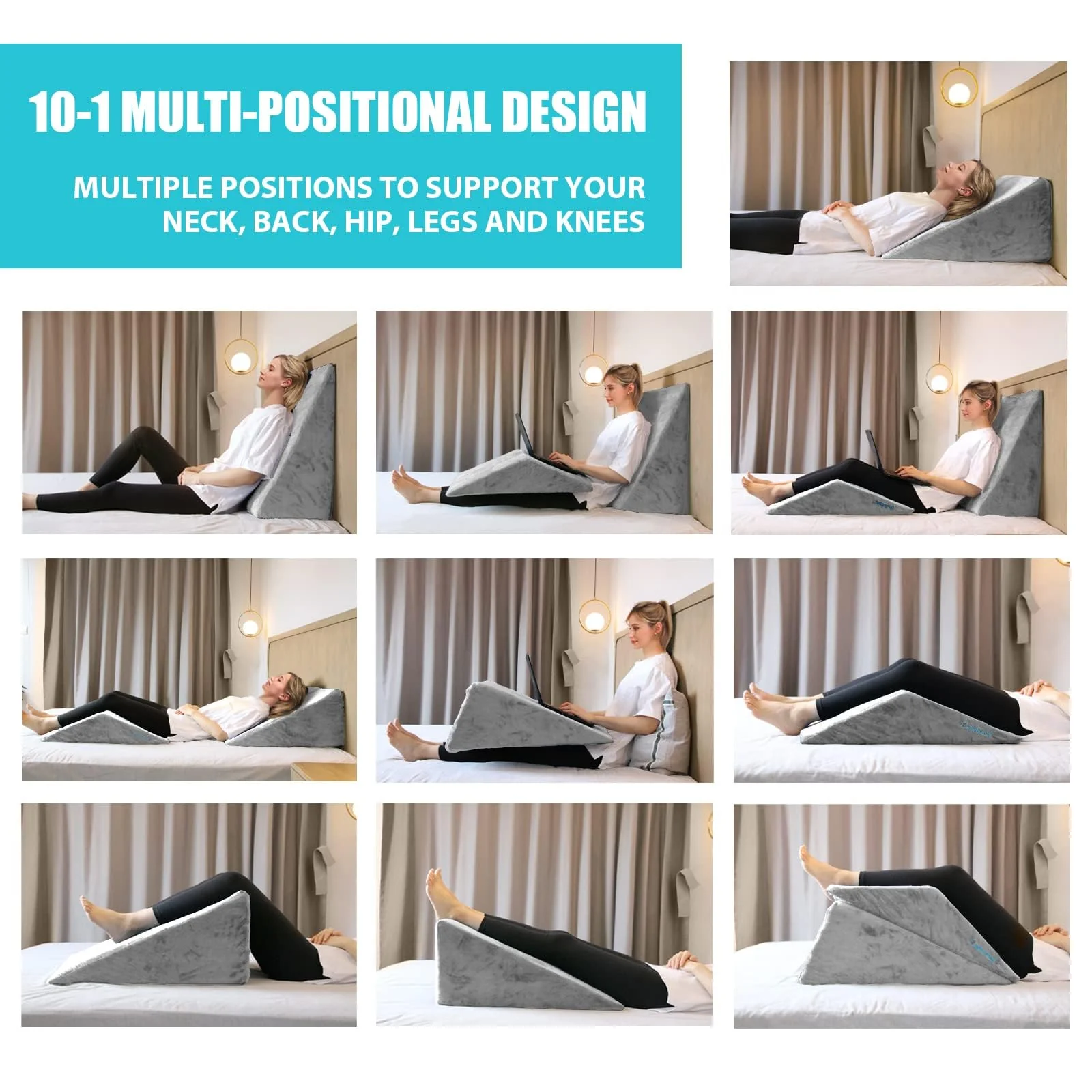 Lisenwood Foam Bed Wedge Pillow Set - Reading Pillow & Back Support Wedge Pillow for Sleeping - 2 Separated Sit Up Pillows for Bed - Angled Bed Pillow, Triangle Pillow for Back and Legs Support Gray - Image 4