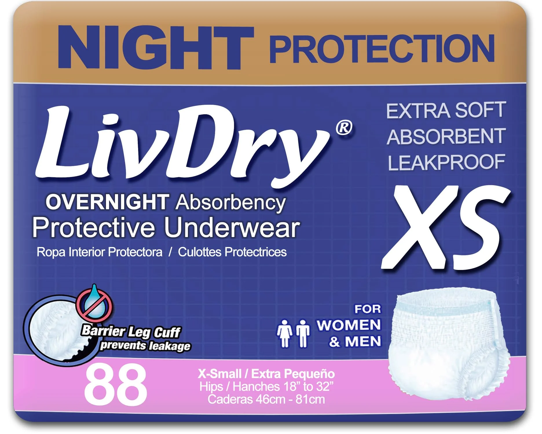 LivDry Adult Incontinence Underwear, Overnight Comfort Absorbency, Leak Protection, X-Small (88 Count)