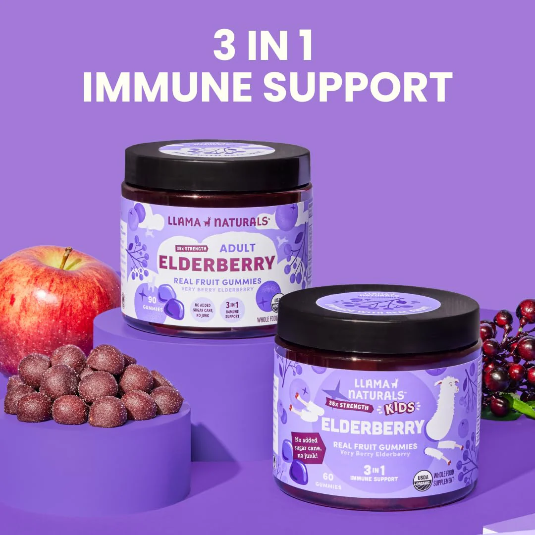 Llama Naturals Elderberry Gummies for Adults, Vegan, Organic Immune Support Supplement with Vitamin C and Zinc, Real Fruit Gummy Vitamins for Immunity, Chewable, No Added Sugar Cane, 90 Ct - Image 2