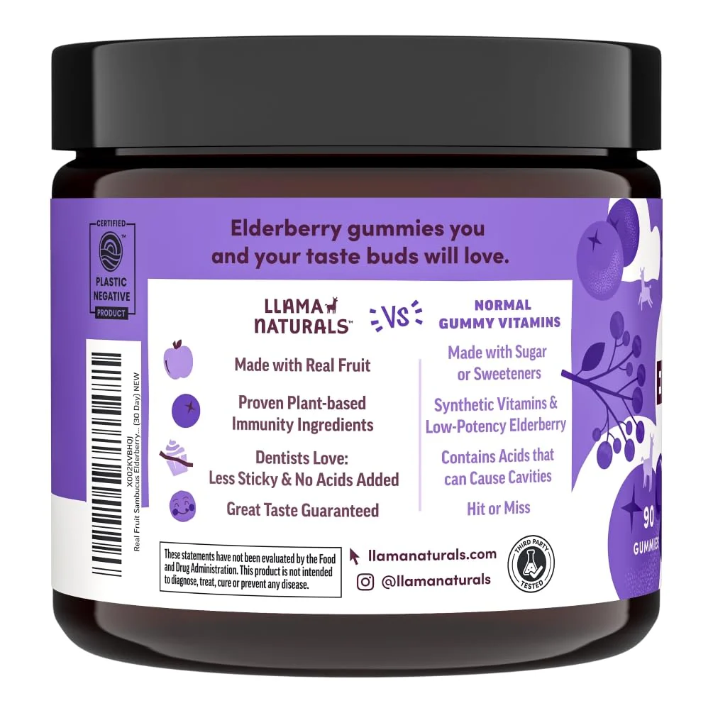 Llama Naturals Elderberry Gummies for Adults, Vegan, Organic Immune Support Supplement with Vitamin C and Zinc, Real Fruit Gummy Vitamins for Immunity, Chewable, No Added Sugar Cane, 90 Ct - Image 4