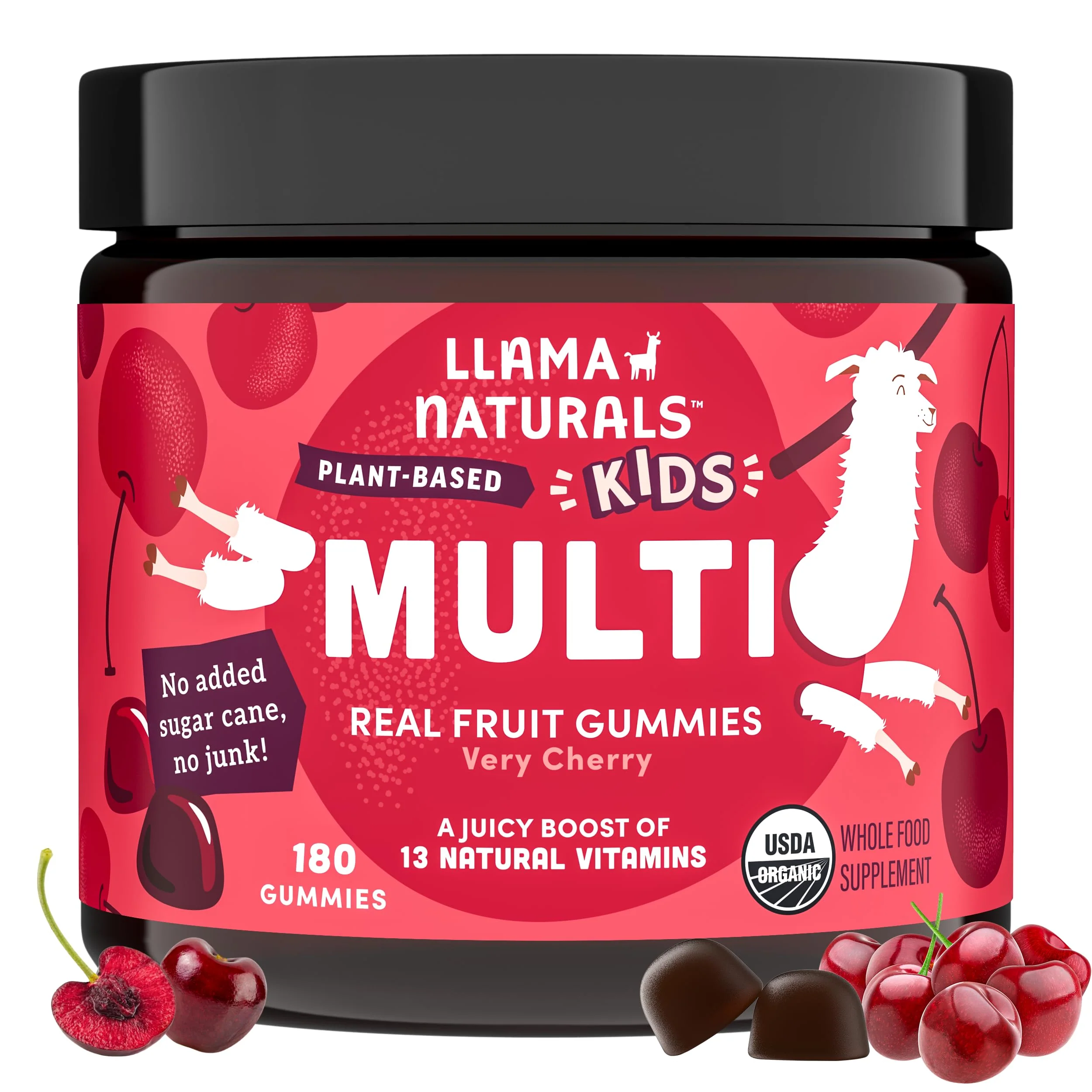Llama Naturals Kids Multivitamin Gummies | Real Fruit, No Added Sugar Cane | Organic Vegan Toddler Whole Food Vitamins | Vitamin D, C & Beta Carotene Gummy Supplement | Cherry 180 Ct (2-3 Months)