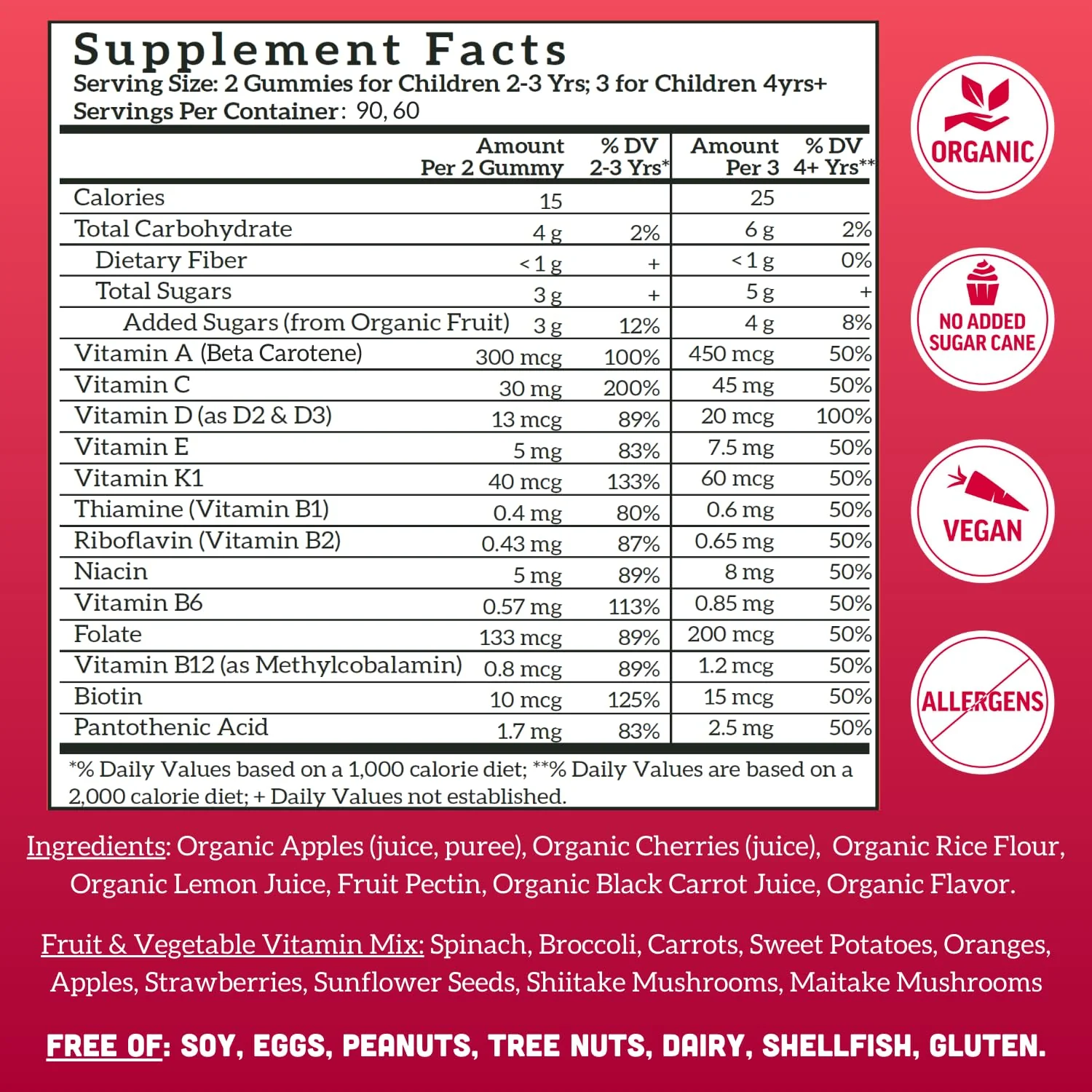 Llama Naturals Kids Multivitamin Gummies | Real Fruit, No Added Sugar Cane | Organic Vegan Toddler Whole Food Vitamins | Vitamin D, C & Beta Carotene Gummy Supplement | Cherry 180 Ct (2-3 Months) - Image 2