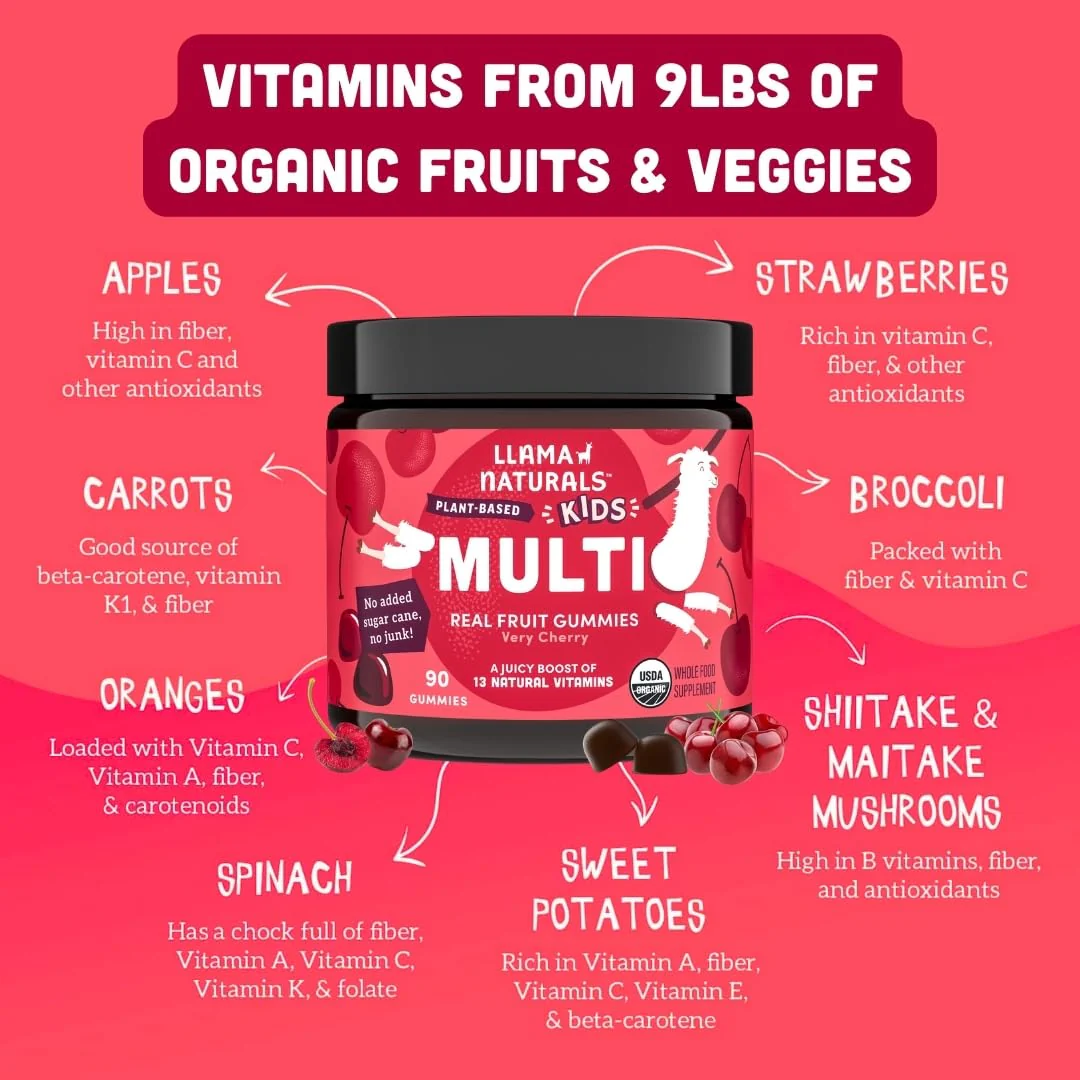 Llama Naturals Kids Multivitamin Gummies | Real Fruit, No Added Sugar Cane | Organic Vegan Toddler Whole Food Vitamins | Vitamin D, C & Beta Carotene Gummy Supplement | Cherry 180 Ct (2-3 Months) - Image 4