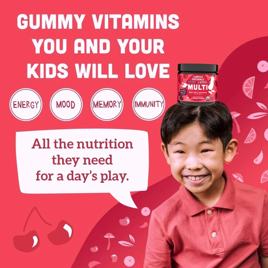 Llama Naturals Kids Multivitamin Gummies | Real Fruit, No Added Sugar Cane | Organic Vegan Toddler Whole Food Vitamins | Vitamin D, C & Beta Carotene Gummy Supplement | Cherry 180 Ct (2-3 Months) - Image 6