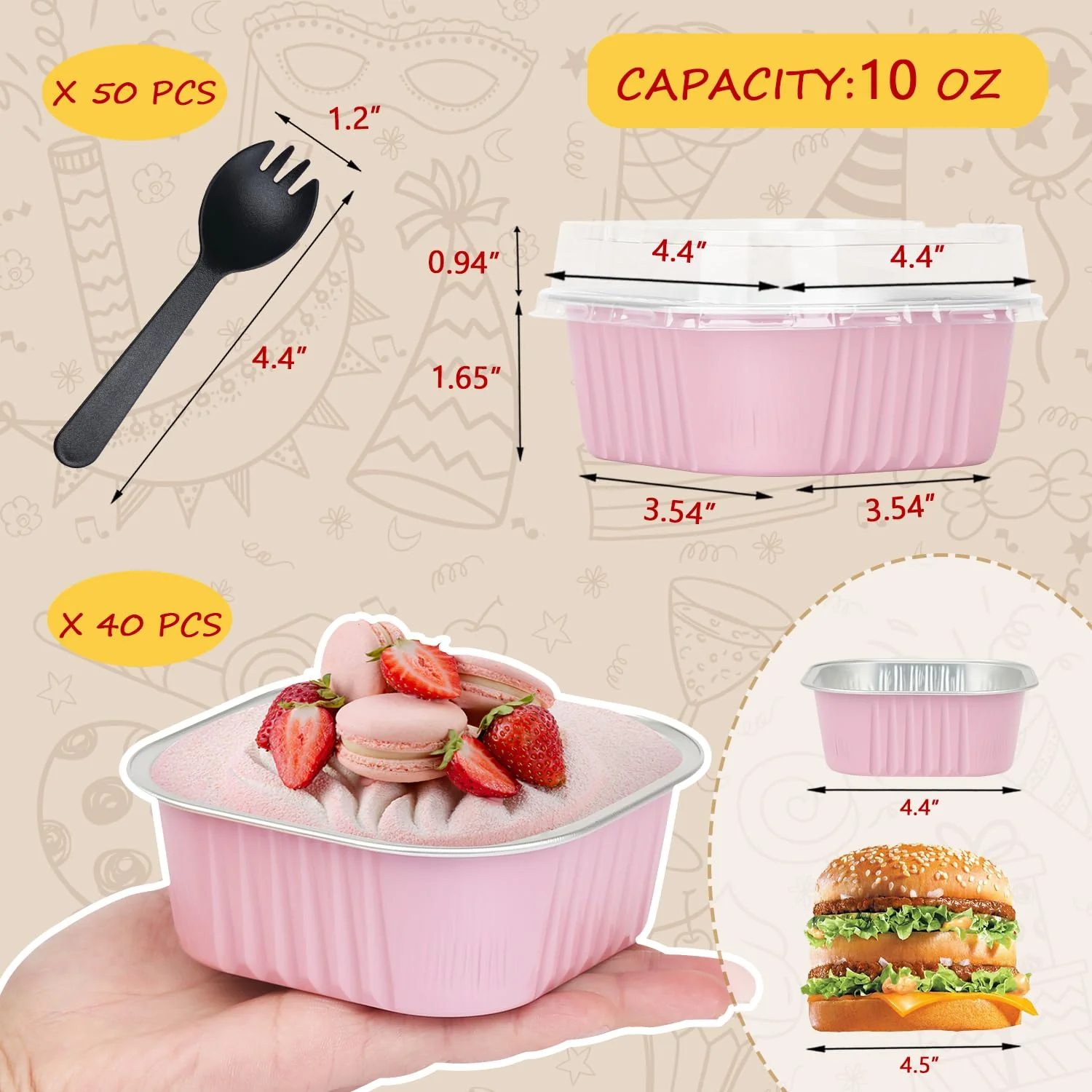 LNYZQUS 10oz Mini Cake Pans With Lids 40 Pack, Aluminum Foil Square Brownie Baking Cups,Disposable 4”x4” Large Cupcake Pan,Jumbo Muffin Tin Ramekins Holders-Pink - Image 6