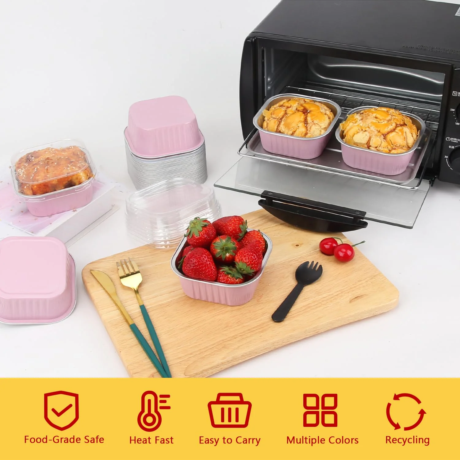 LNYZQUS 10oz Mini Cake Pans With Lids 40 Pack, Aluminum Foil Square Brownie Baking Cups,Disposable 4”x4” Large Cupcake Pan,Jumbo Muffin Tin Ramekins Holders-Pink - Image 7
