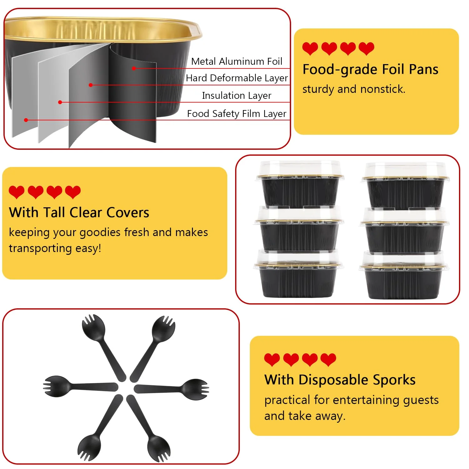LNYZQUS 10oz Mini Cake Pans With Lids 40 Pack, Aluminum Foil Square Cupcake Liners Brownie Baking Cups,Disposable 4”x4” Large Cupcake Pan,Jumbo Muffin Tin Ramekins Holders-Black In Gold - Image 5