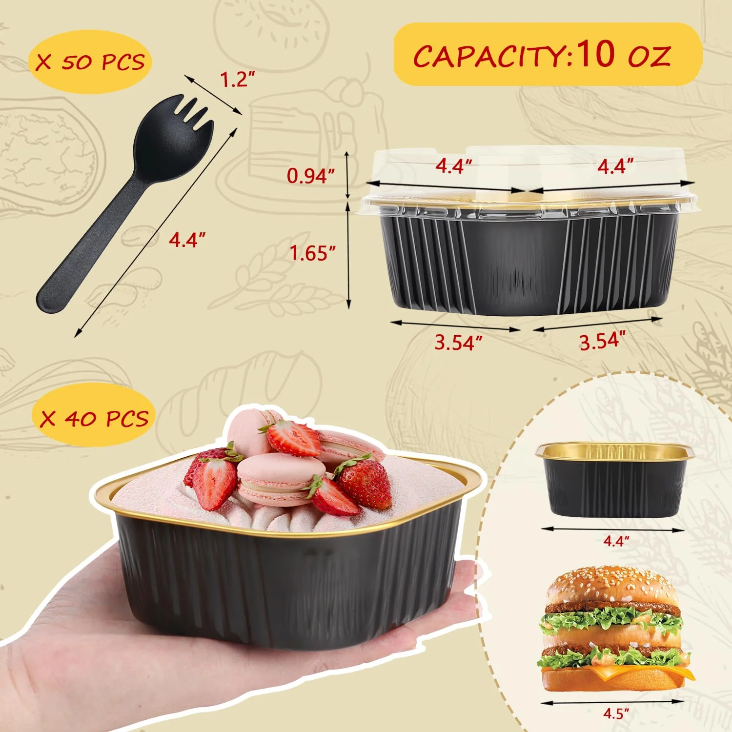 LNYZQUS 10oz Mini Cake Pans With Lids 40 Pack, Aluminum Foil Square Cupcake Liners Brownie Baking Cups,Disposable 4”x4” Large Cupcake Pan,Jumbo Muffin Tin Ramekins Holders-Black In Gold - Image 6