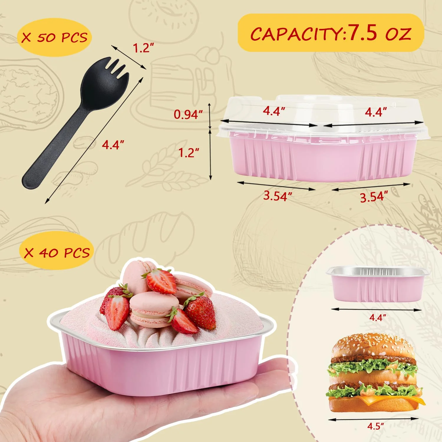 LNYZQUS 4” Mini Pie Tins Muffin Pans With Lids 40 Pack, 7.5oz Aluminum Foil Muffin Tins Individual Small Cake Pans Dishes,Disposable Ramekins Baking Cups Contaniers-Pink - Image 6